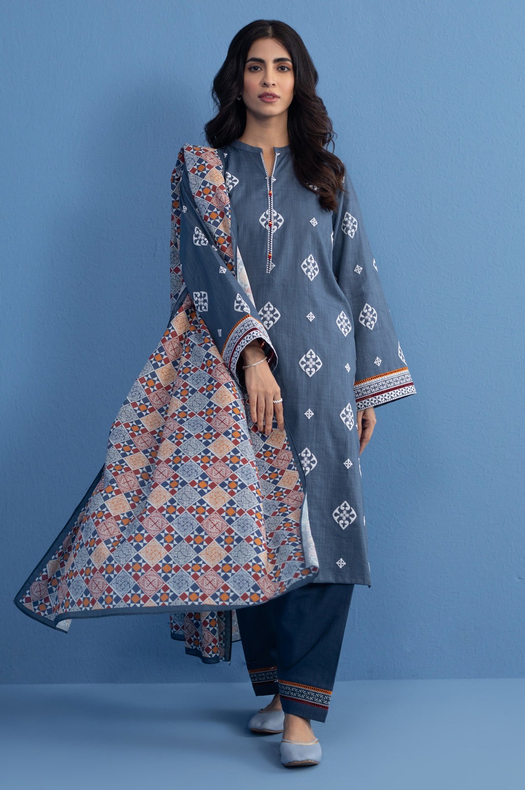 Unstitched 3 Piece slub printed suit