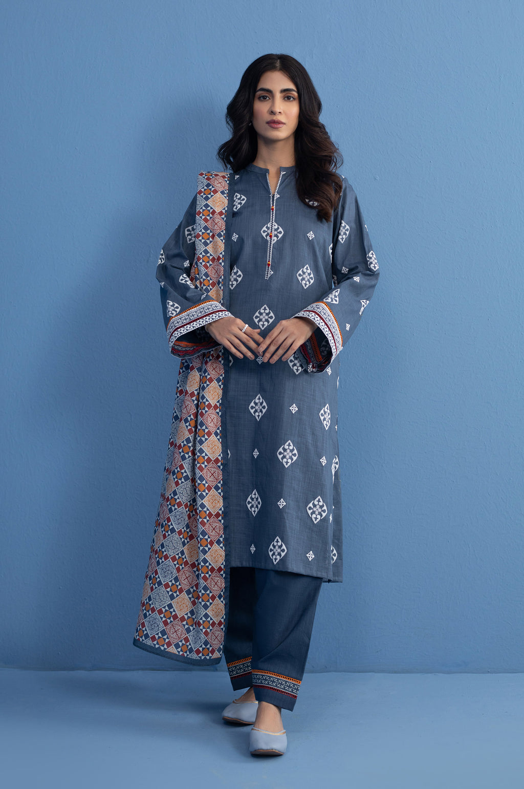 Unstitched 3 Piece slub printed suit
