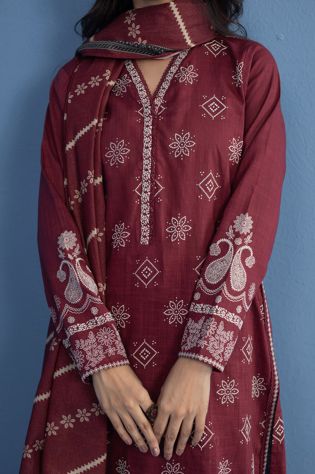Unstitched 3 Piece slub printed suit