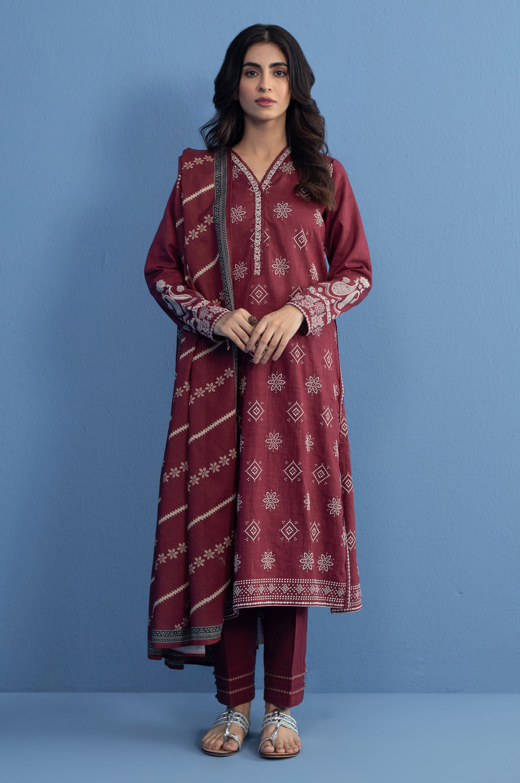 Unstitched 3 Piece slub printed suit