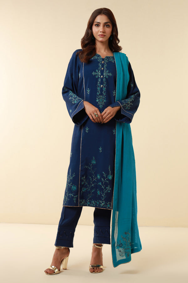 Unstitched 3 Piece Embroidered Dull Raw Silk Suit