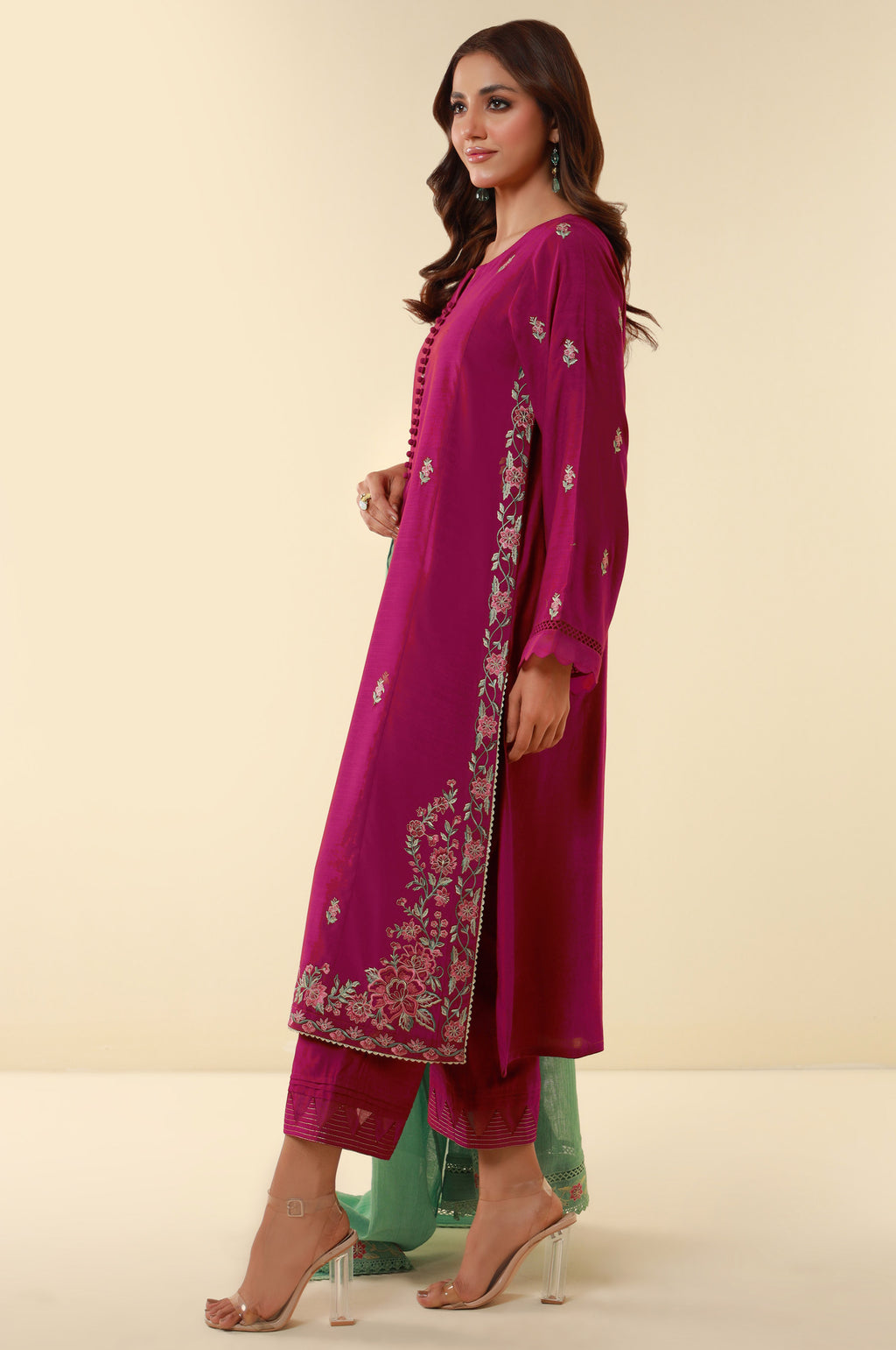 Unstitched 3 Piece Embroidered Raw Silk Suit