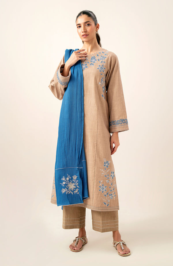 Stitched 3 Piece Embroidered Slub Lawn Suit