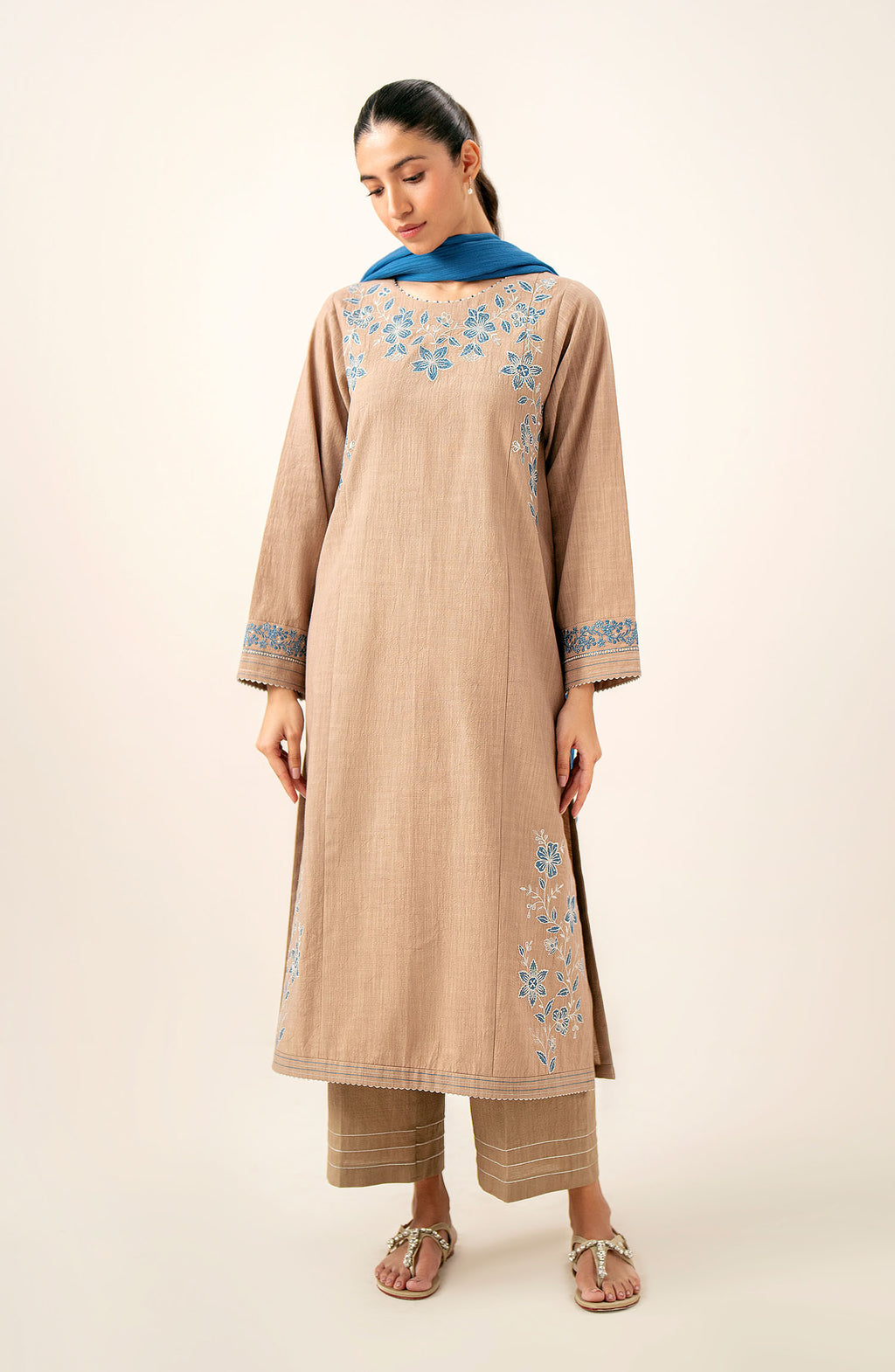 Stitched 3 Piece Embroidered Slub Lawn Suit