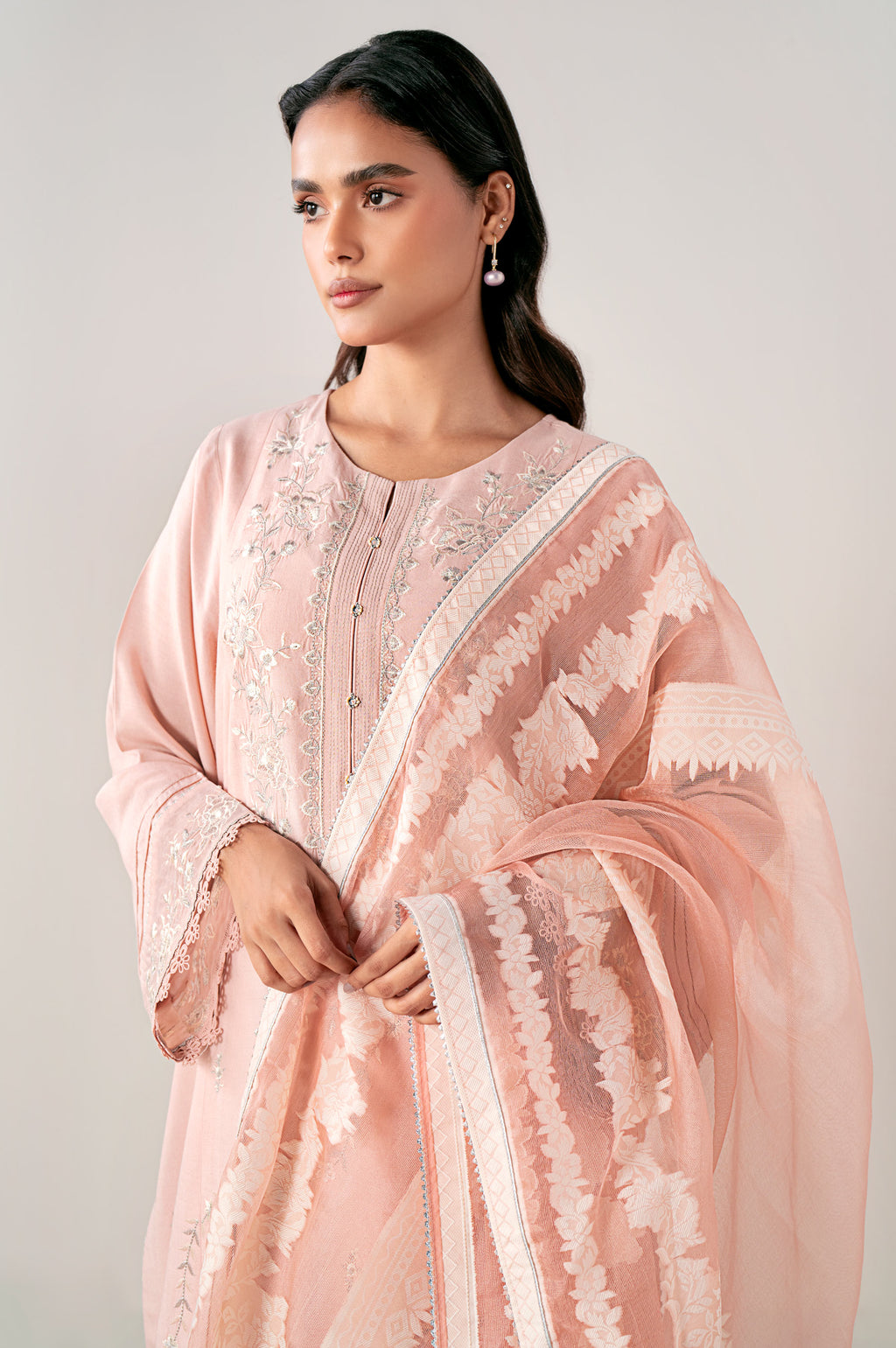 Unstitched 3 Piece Embroidered Oak Silk Shirt with Cotton Net Jacquard Dupatta
