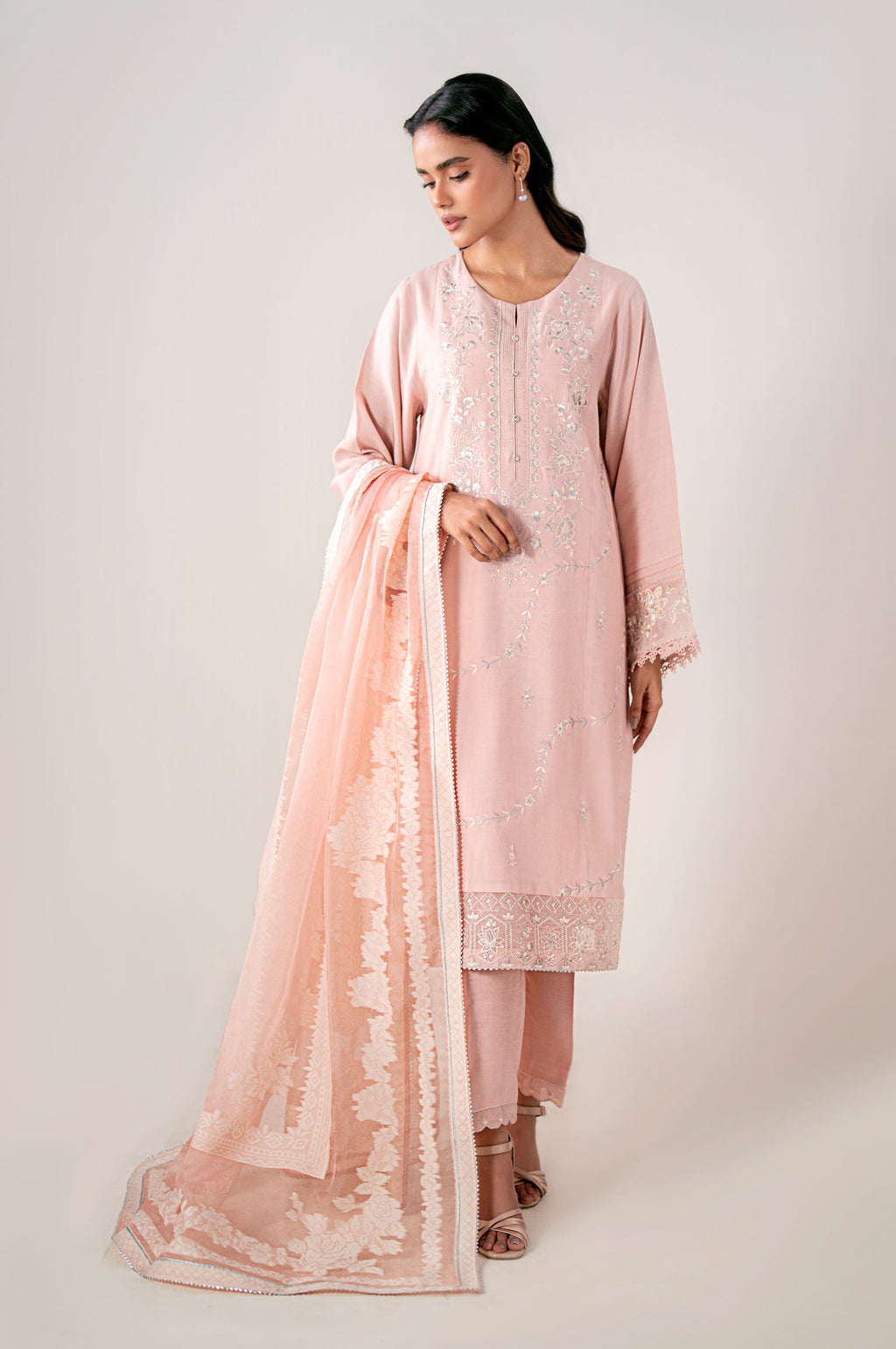 Unstitched 3 Piece Embroidered Oak Silk Shirt with Cotton Net Jacquard Dupatta