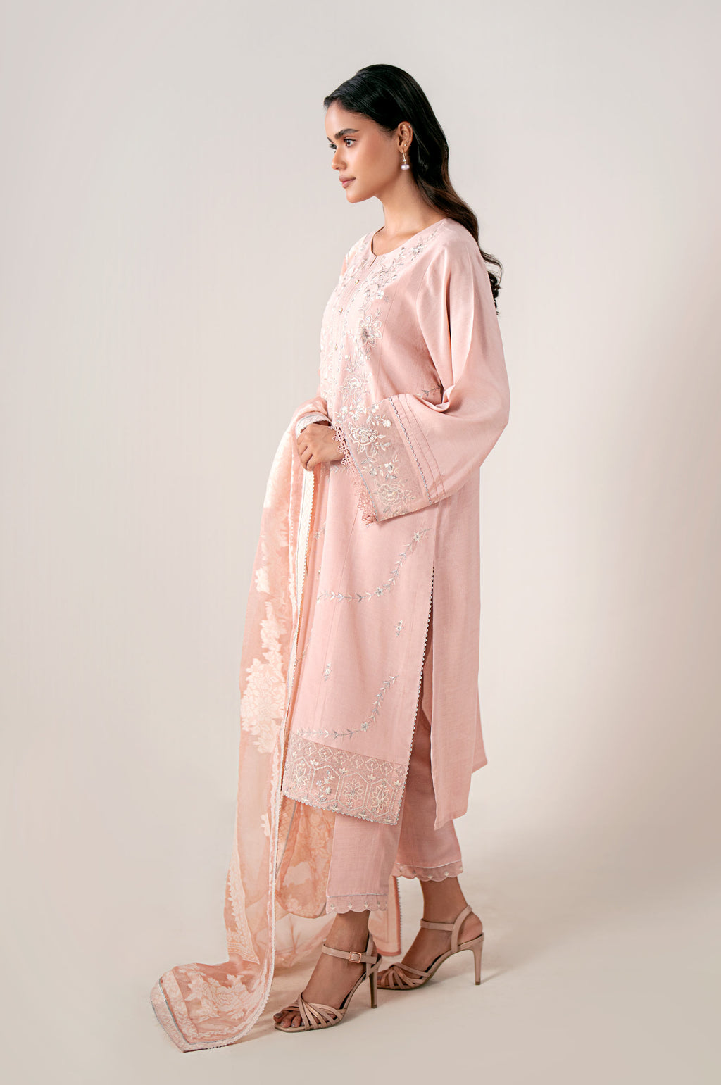 Unstitched 3 Piece Embroidered Oak Silk Shirt with Cotton Net Jacquard Dupatta