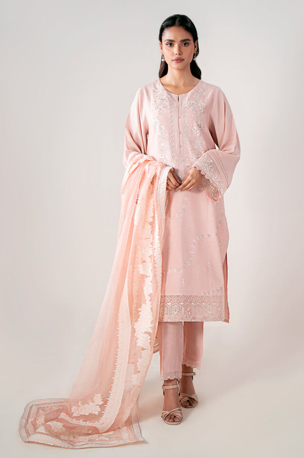 Unstitched 3 Piece Embroidered Oak Silk Shirt with Cotton Net Jacquard Dupatta