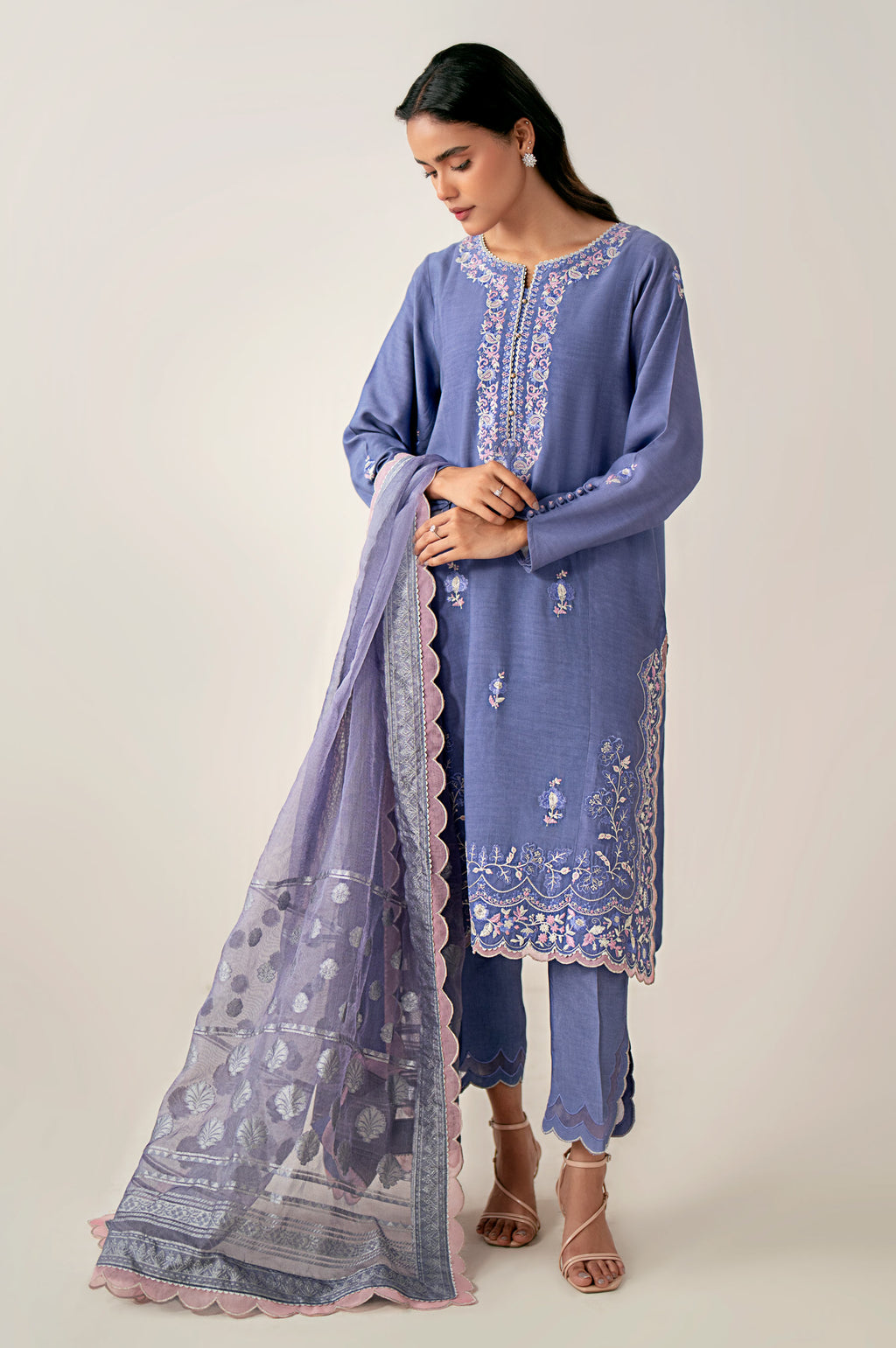 Unstitched 3 Piece Embroidered Oak Silk Shirt with Cotton Net Jacquard Dupatta