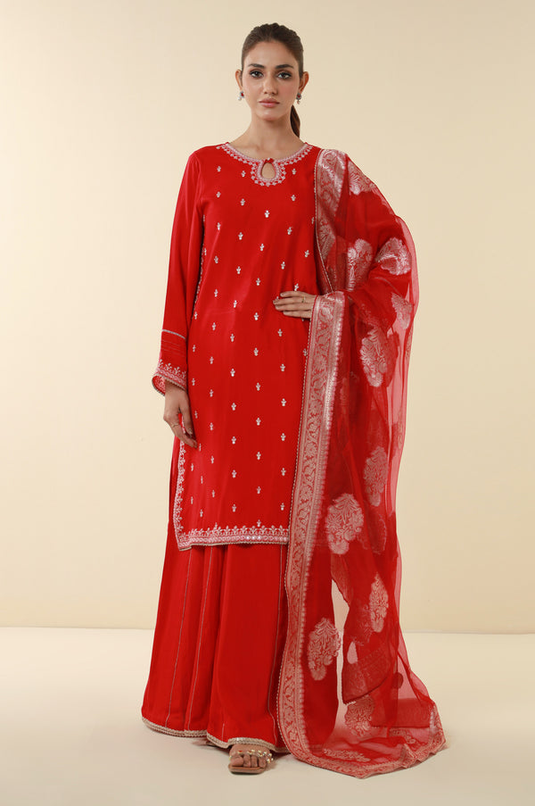 Unstitched 3 Piece Embroidered Oak Silk Suit with Cotton Net Jacquard Dupatta