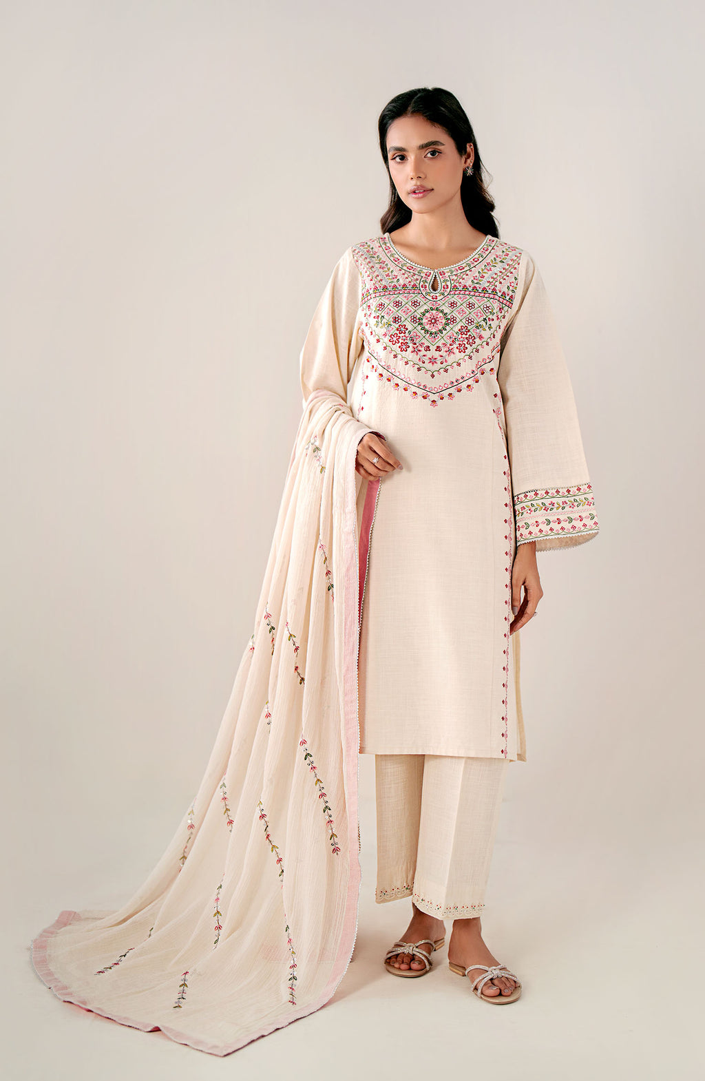 Unstitched 3 Piece Embroidered Textured Suit