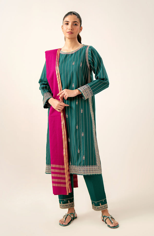 Unstitched 3 Piece Embroidered Mysuri Jacquard Shirt with Dyed Cotton Zari Dupatta