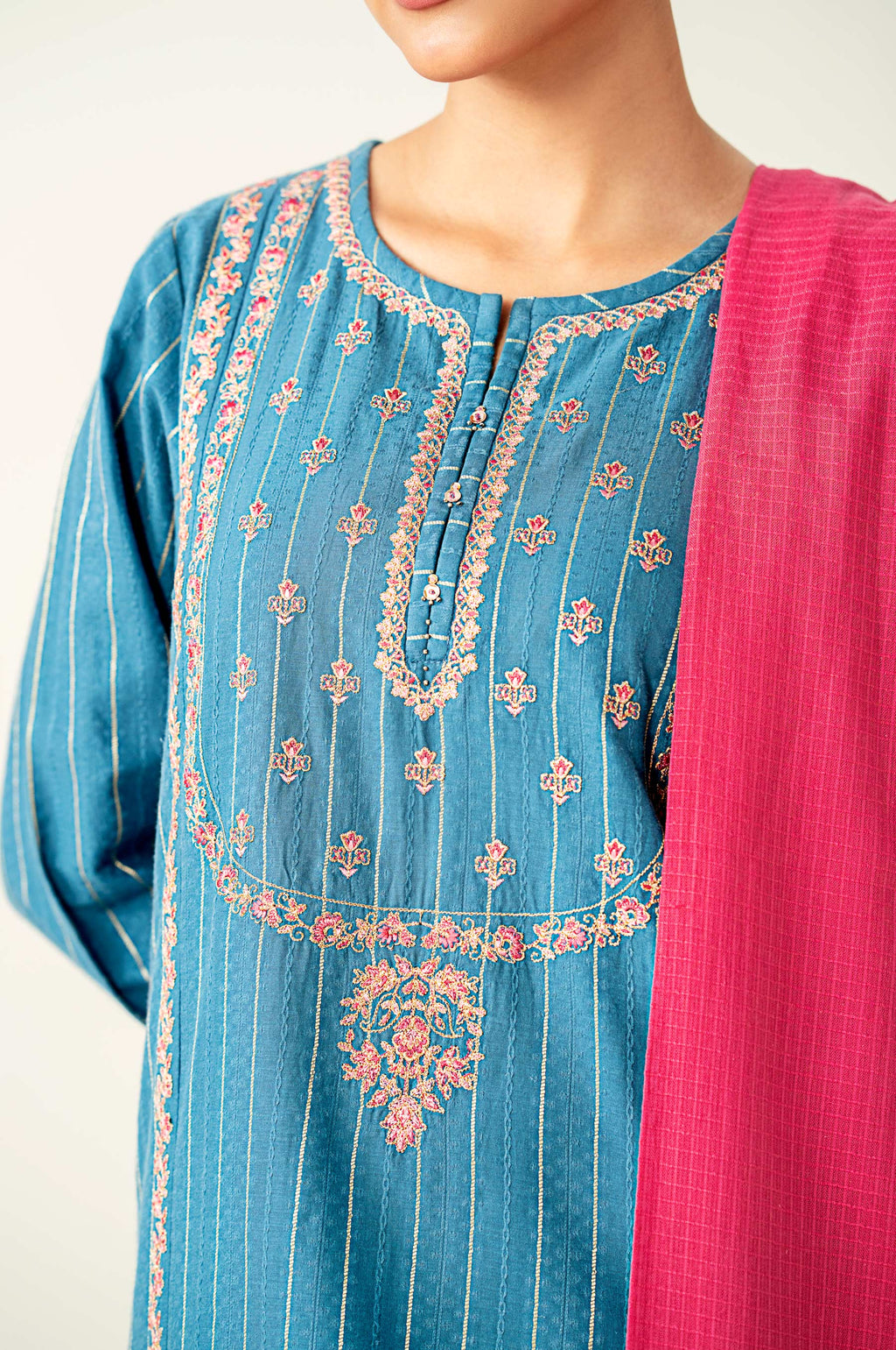 Unstitched 3 Piece Embroidered Mysuri Jacquard Shirt with Dyed Cotton Zari Dupatta