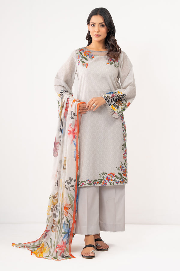 Unstitched 3 Piece Digital Printed Embroidered Lawn Suit