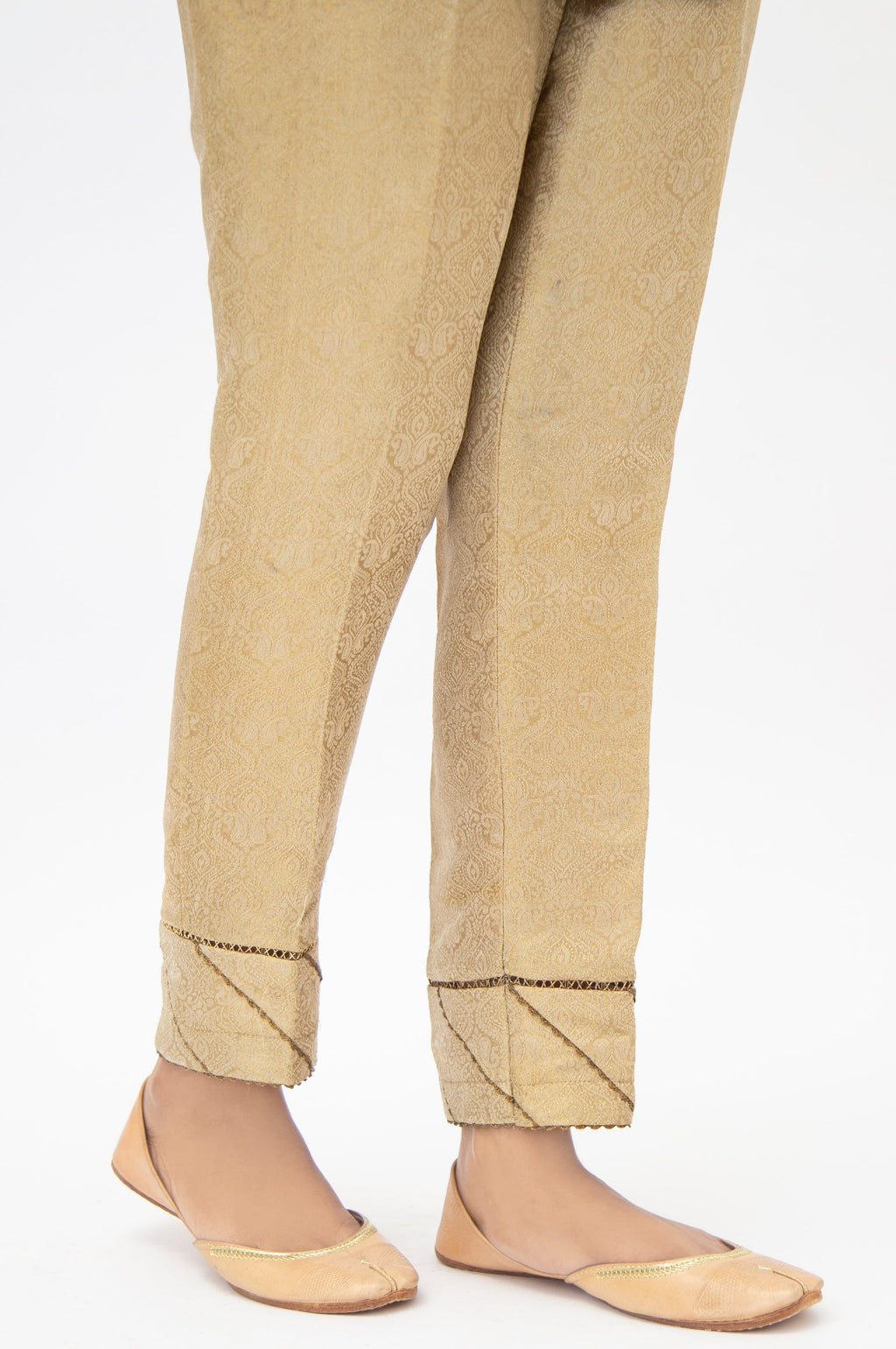 Embellished Jamawar Cigarette Pants - Gold (FACTORY E-OUTLET)