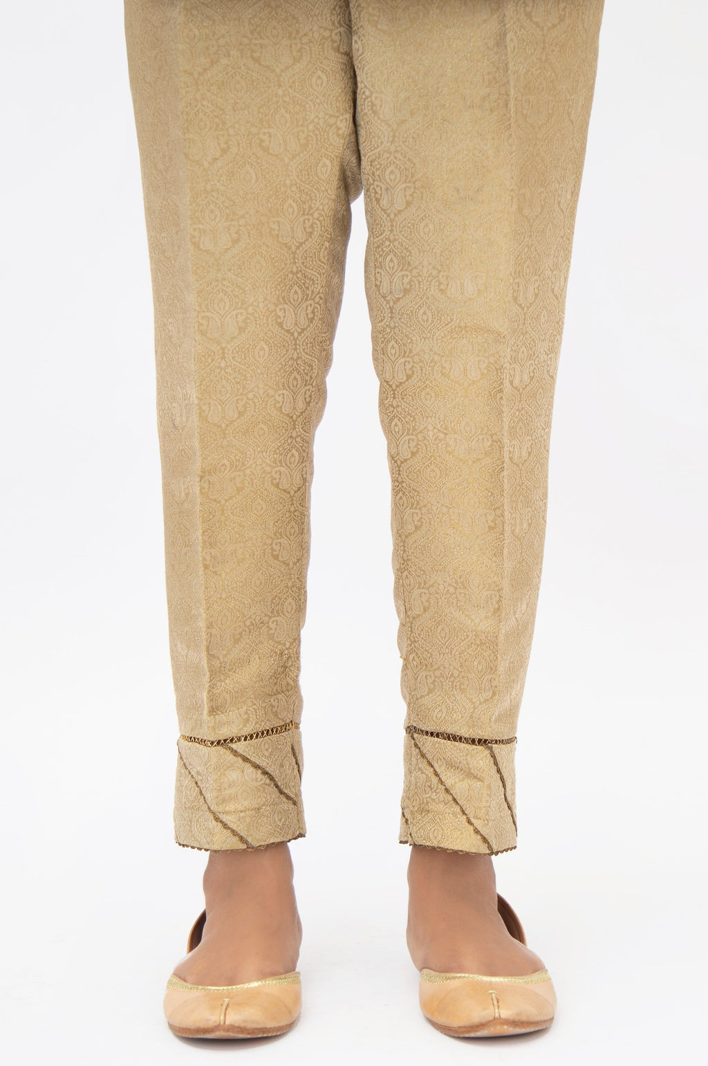 Embellished Jamawar Cigarette Pants - Gold (FACTORY E-OUTLET)