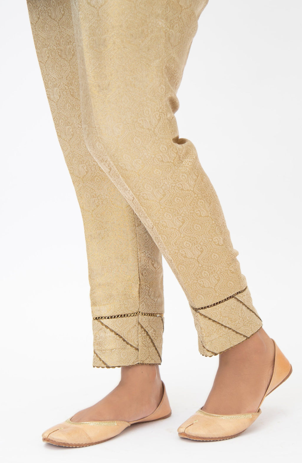 Embellished Jamawar Cigarette Pants - Gold (FACTORY E-OUTLET)