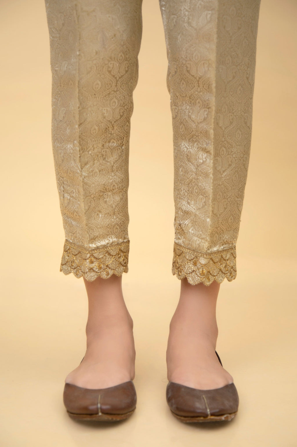 Embroidered Jamawar Cigarette Pants - Gold (FACTORY E-OUTLET)