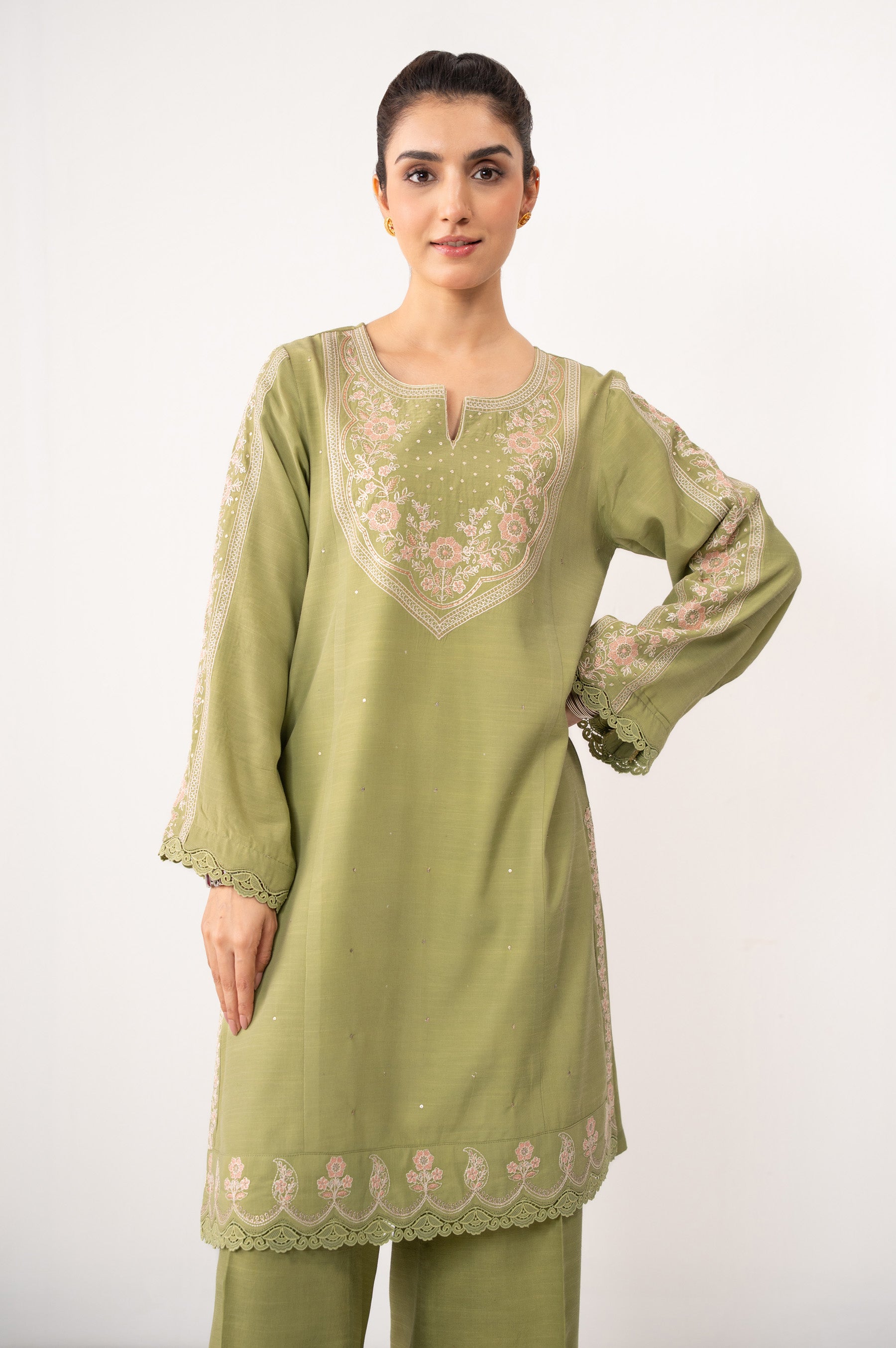 STITCHED EMBROIDERED RAW SILK SHIRT BOTTOM