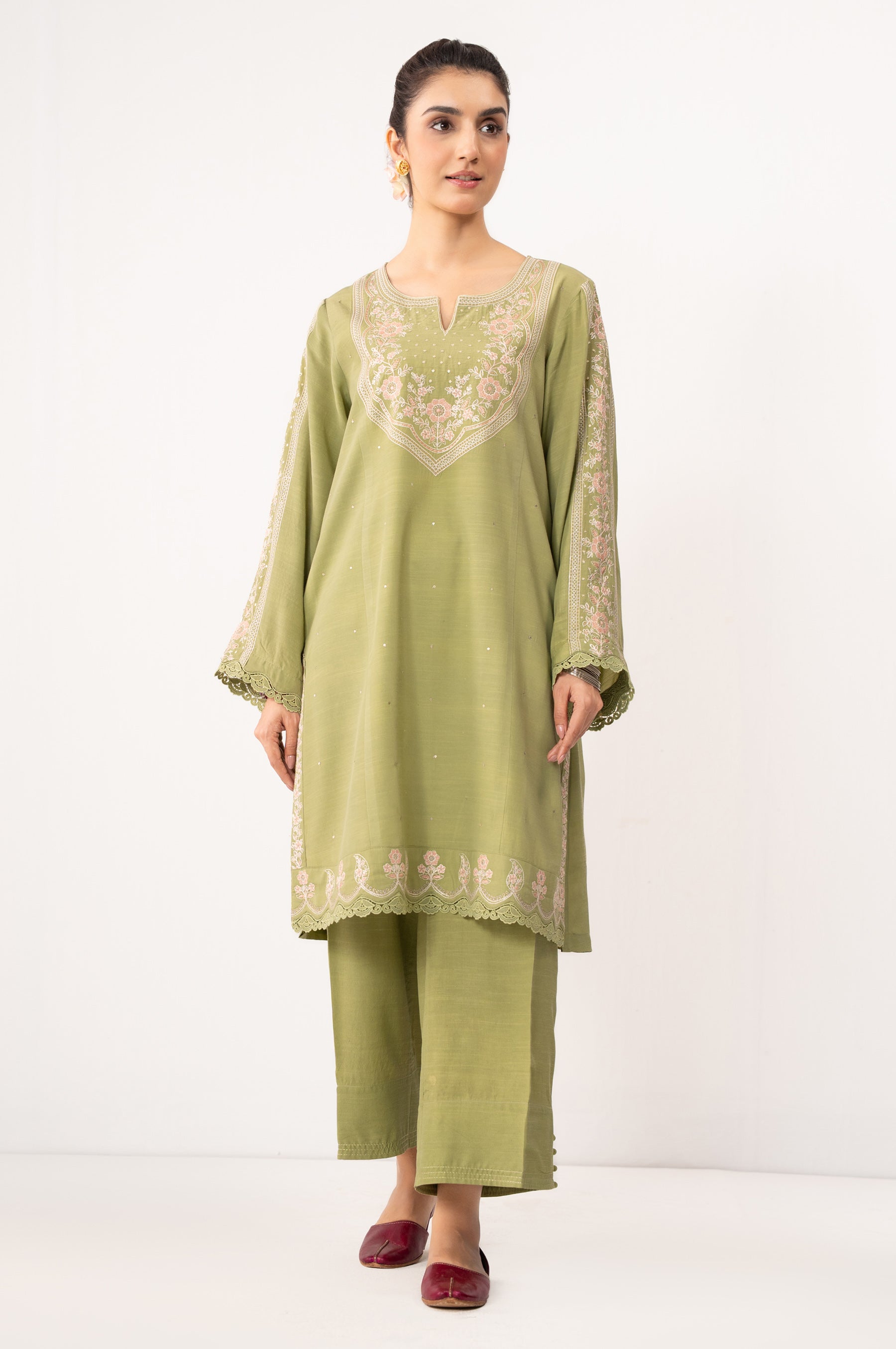 STITCHED EMBROIDERED RAW SILK SHIRT BOTTOM (FACTORY E-OUTLET)