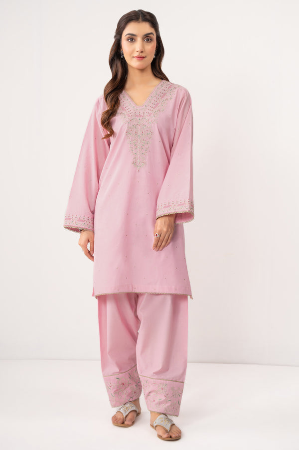 Stitched 2 Piece Dyed Embroidered Cambric Suit