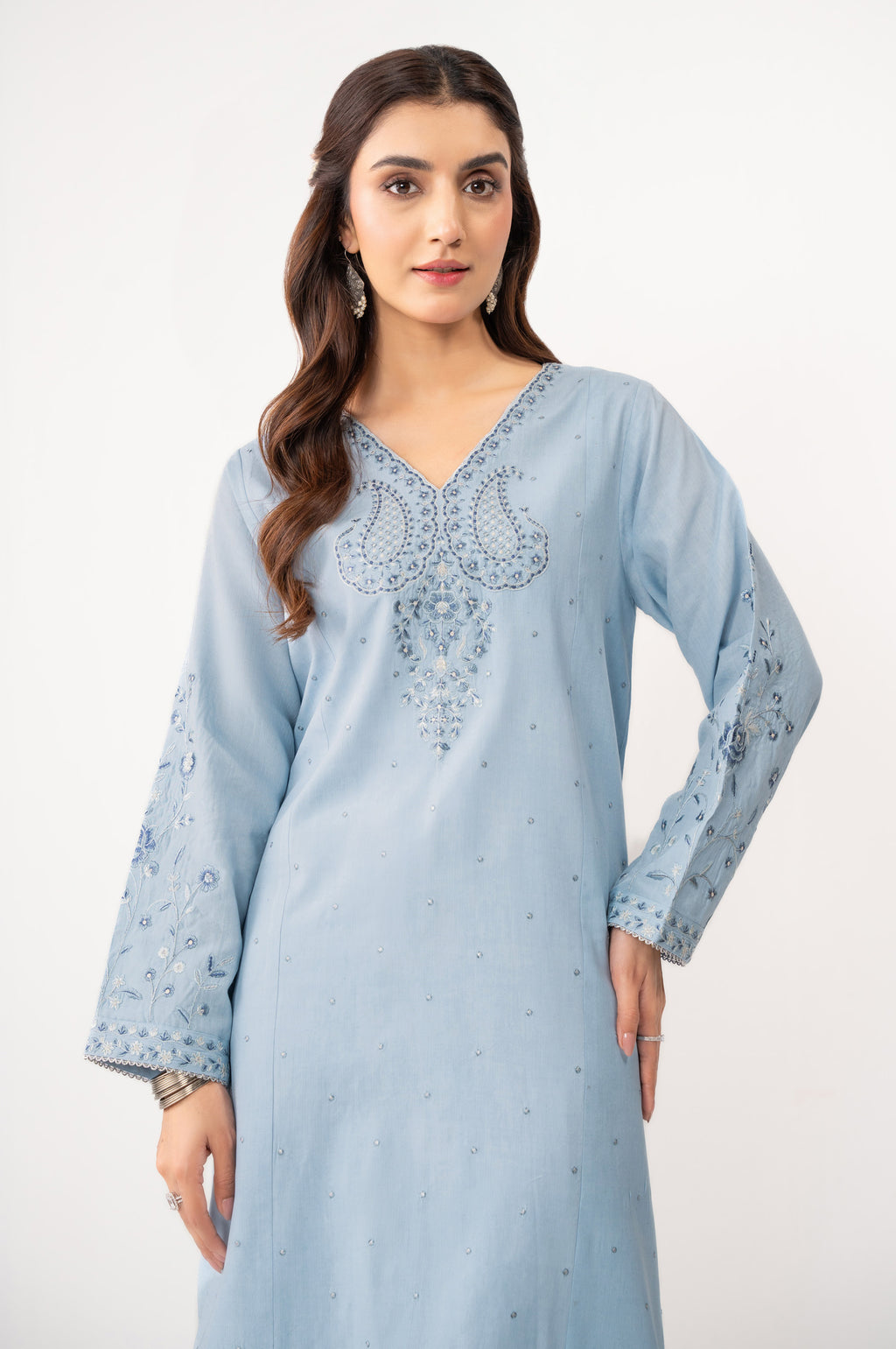 STITCHED EMBROIDERED COTTON LINEN VISCOSE SHIRT BOTTOM