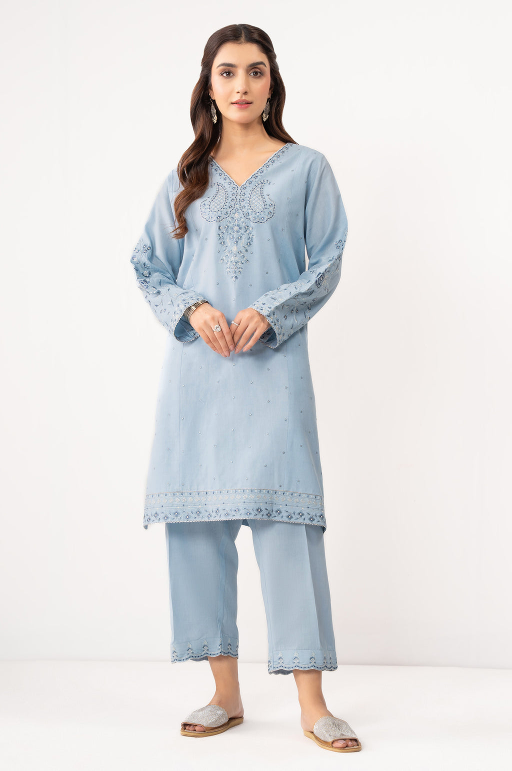 STITCHED EMBROIDERED COTTON LINEN VISCOSE SHIRT BOTTOM