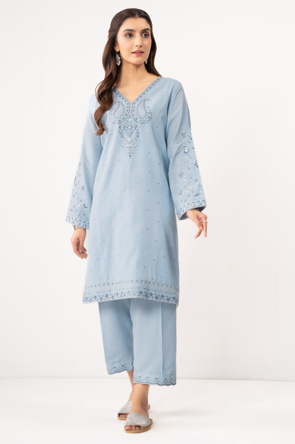 STITCHED EMBROIDERED COTTON LINEN VISCOSE SHIRT BOTTOM