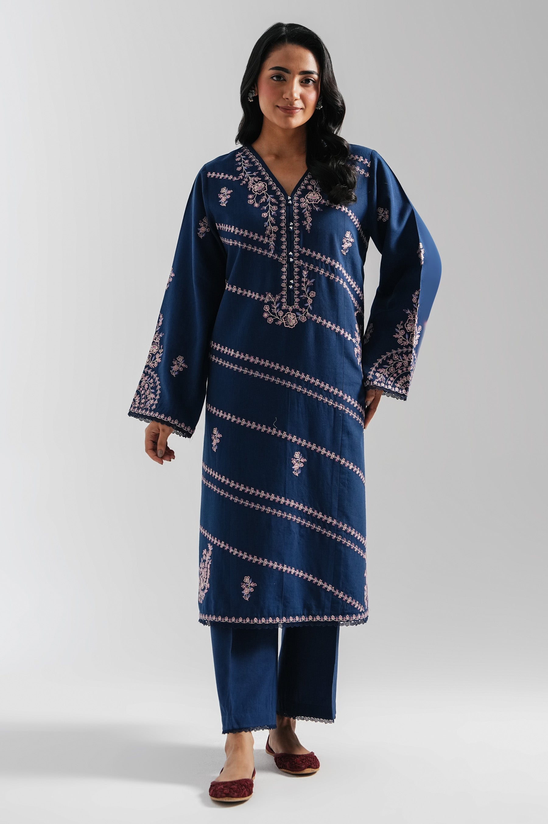 STITCHED EMBROIDERED COTTON LINEN VISCOSE SHIRT BOTTOM