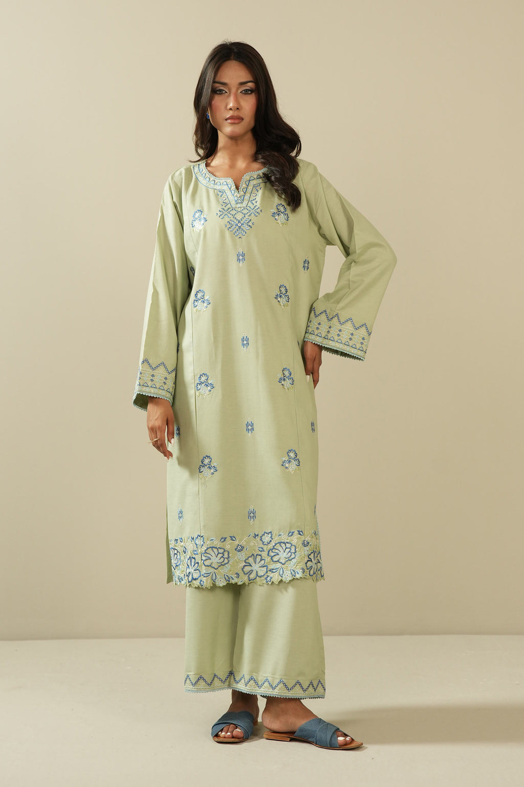 STITCHED EMBROIDERED COTTON LINEN SUIT