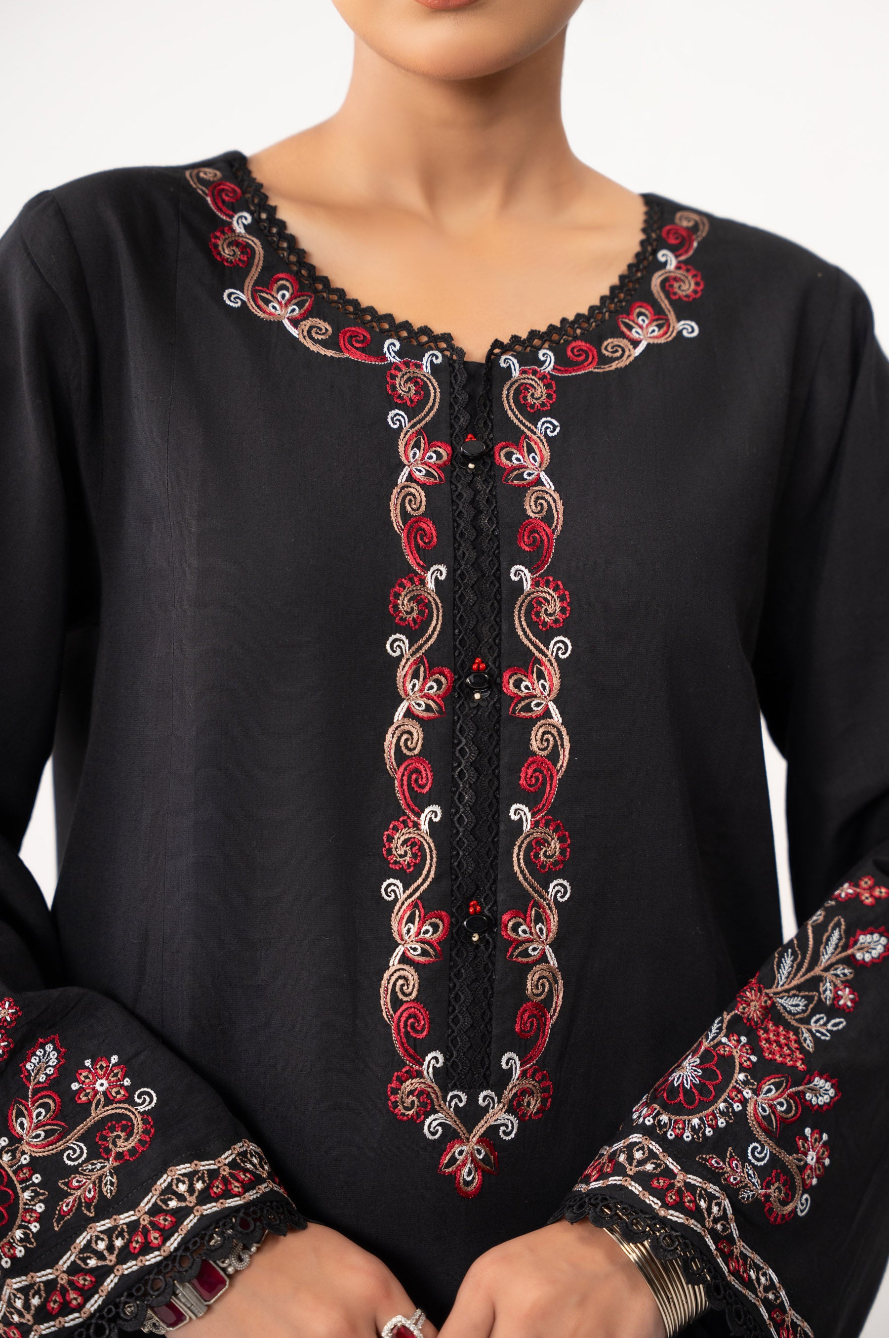 STITCHED EMBROIDERED COTTON LINEN VISCOSE SHIRT BOTTOM