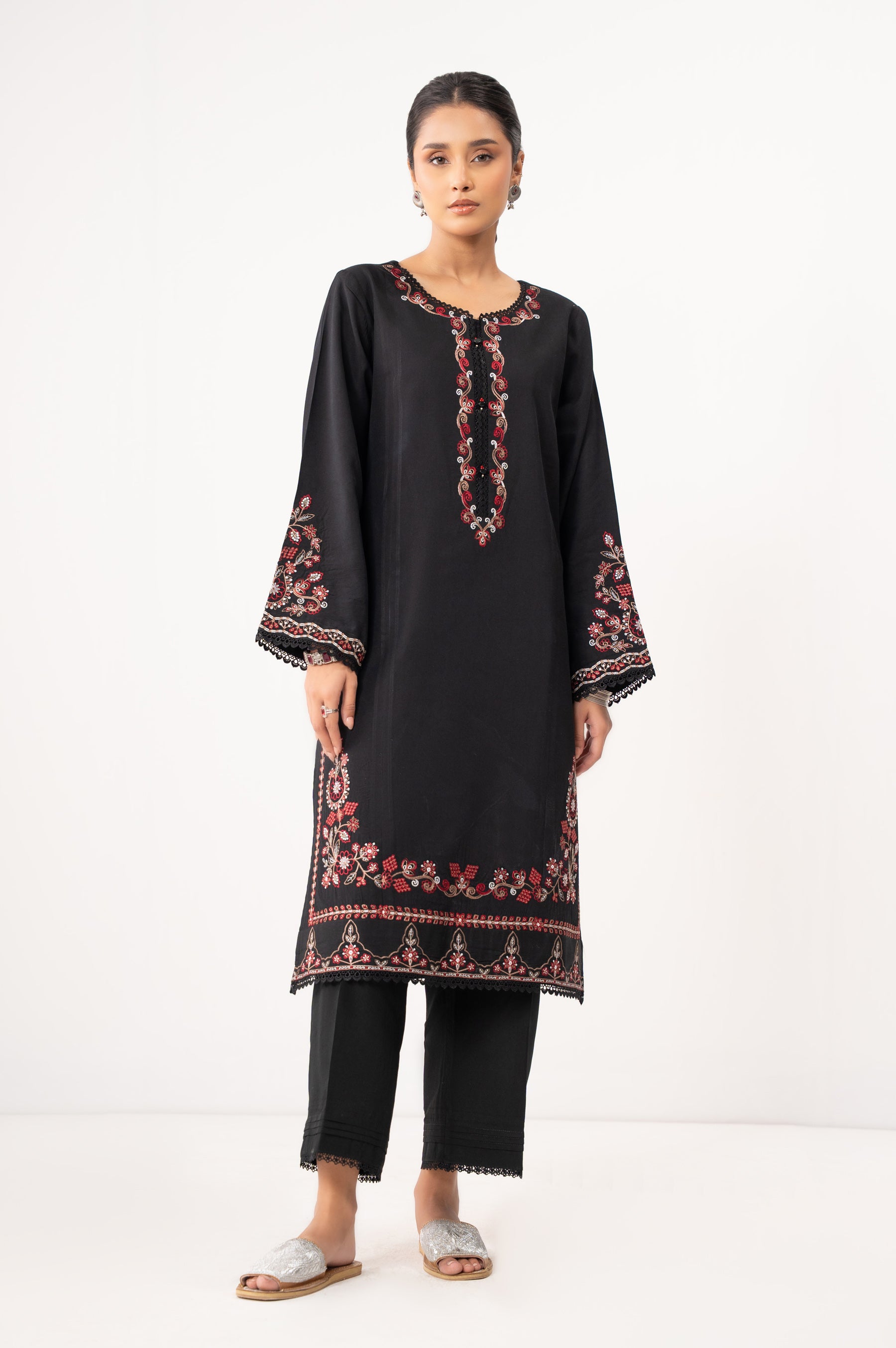 STITCHED EMBROIDERED COTTON LINEN VISCOSE SHIRT BOTTOM