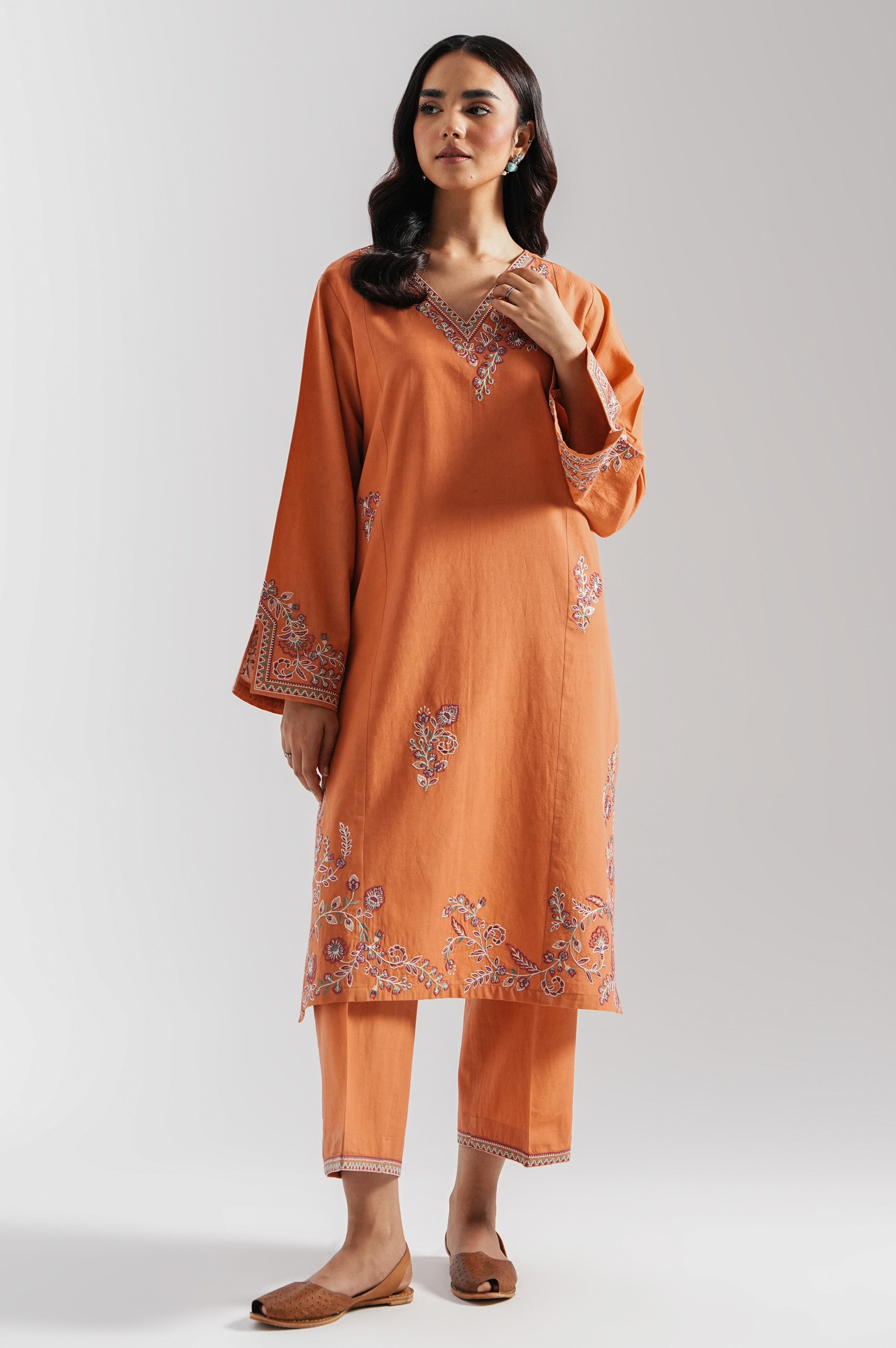 STITCHED EMBROIDERED COTTON LINEN VISCOSE SHIRT BOTTOM