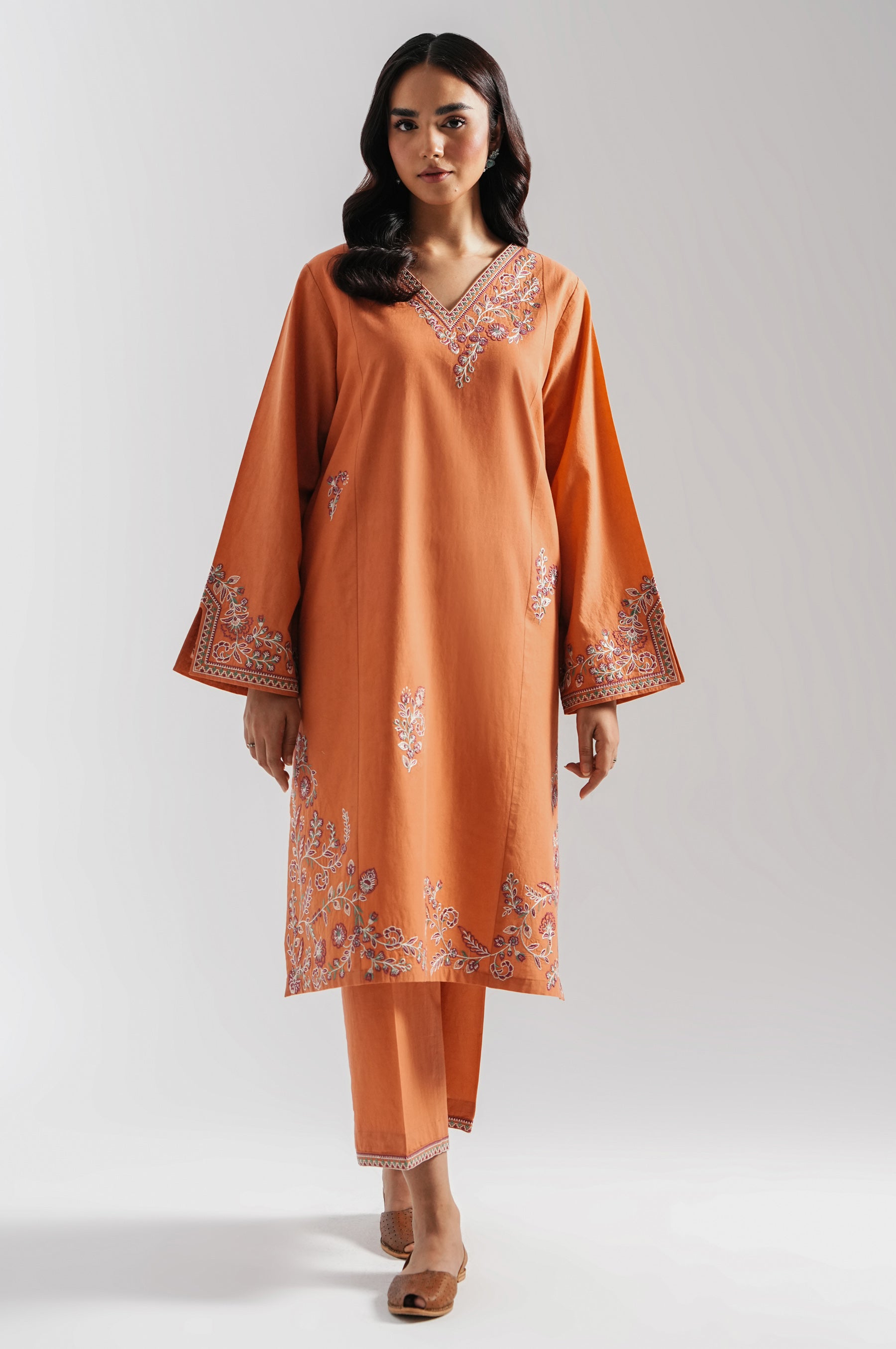 STITCHED EMBROIDERED COTTON LINEN VISCOSE SHIRT BOTTOM