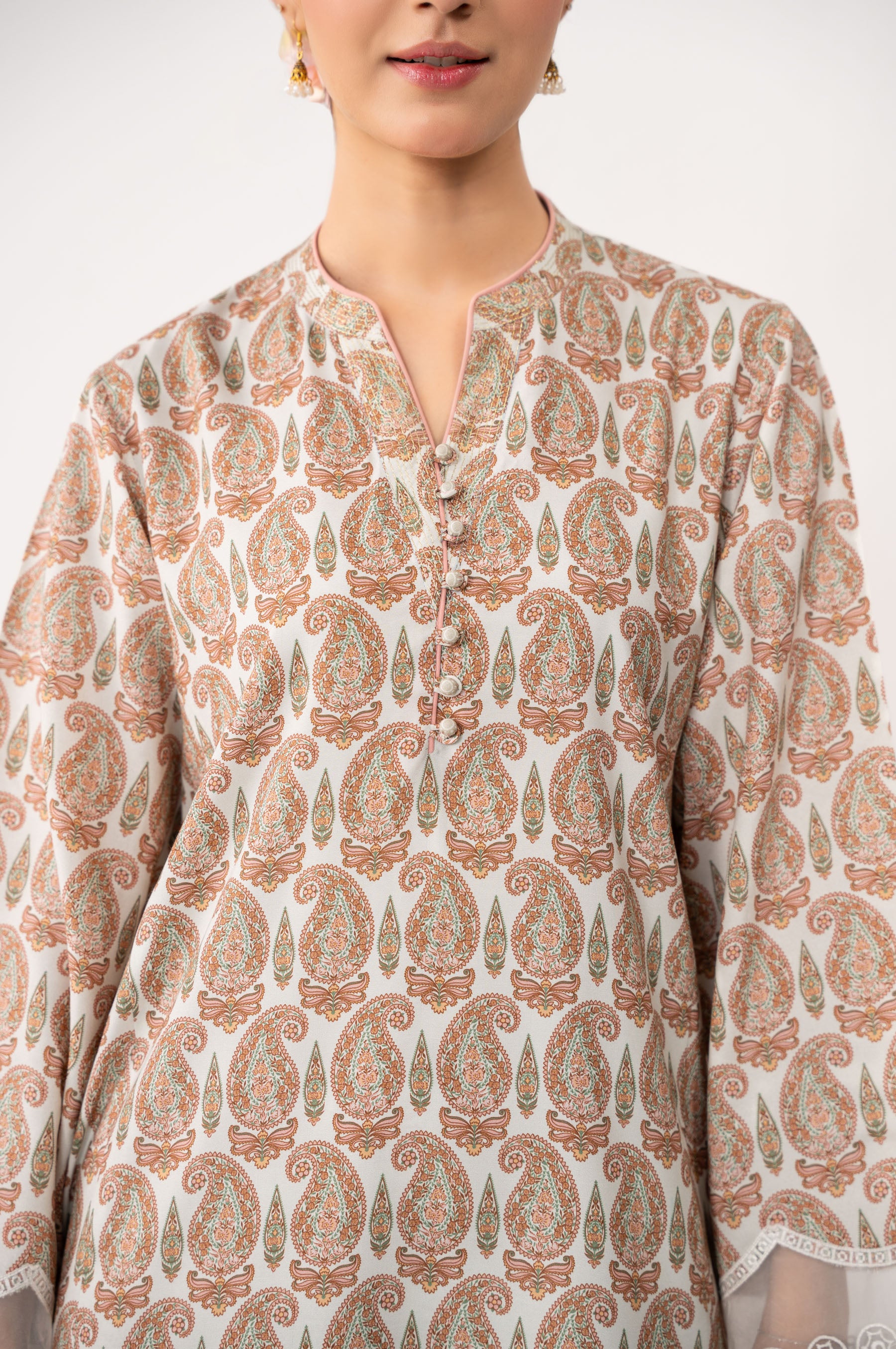 STITCHED EMBROIDERED RAW SILK SHIRT BOTTOM