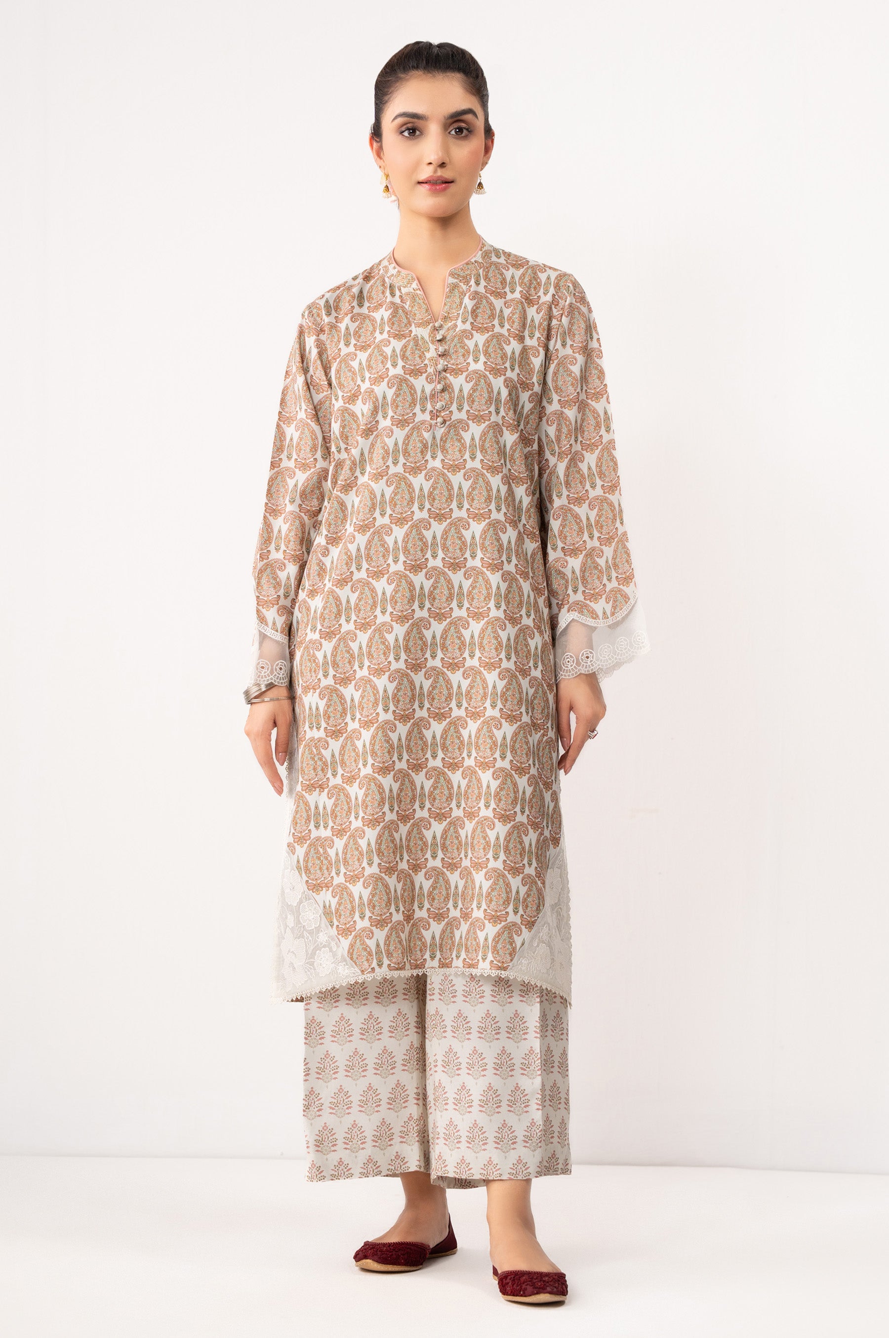 STITCHED EMBROIDERED RAW SILK SHIRT BOTTOM