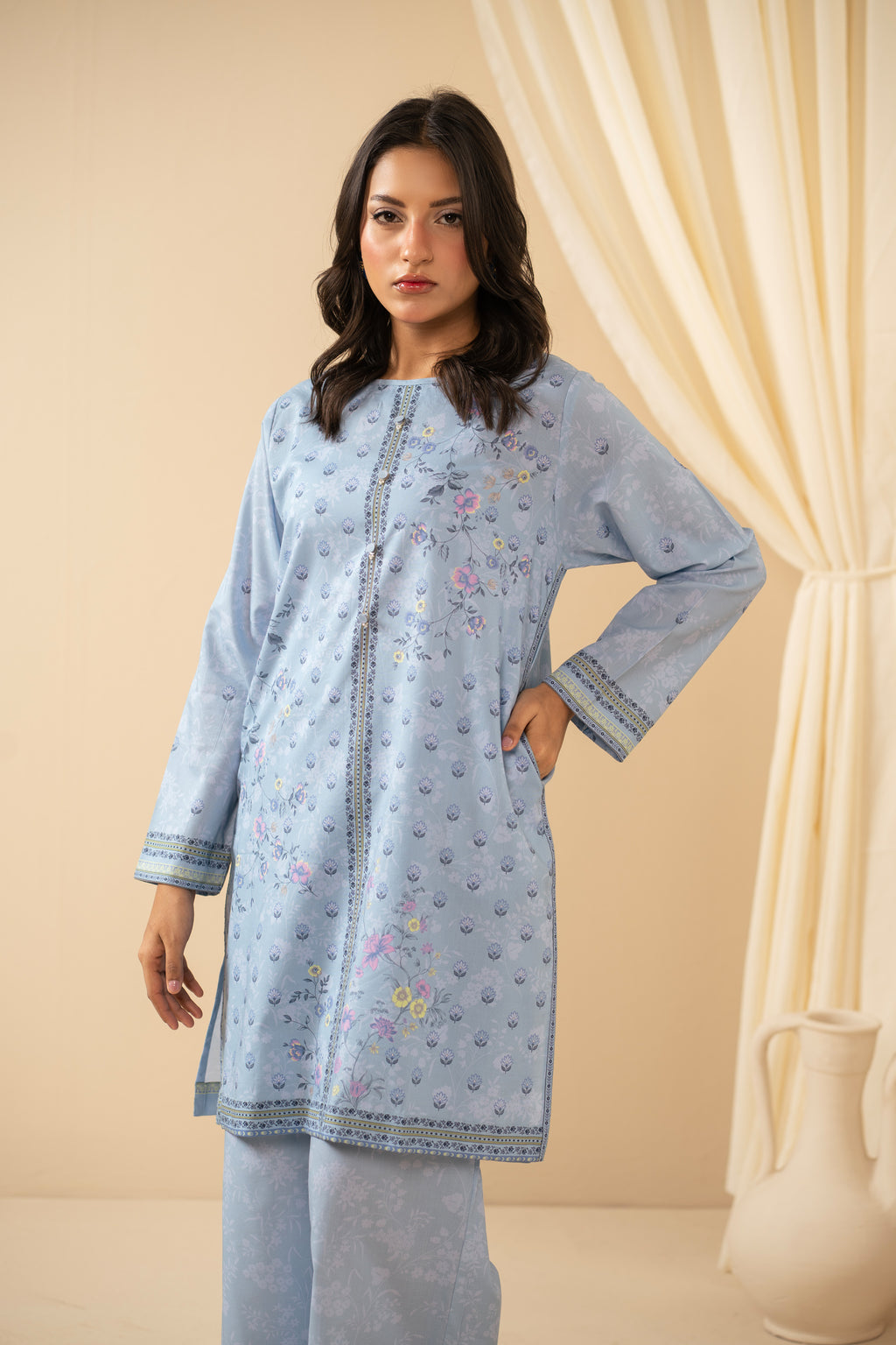 STITCHED PRINTED COTTON LINEN VISCOSE SUIT