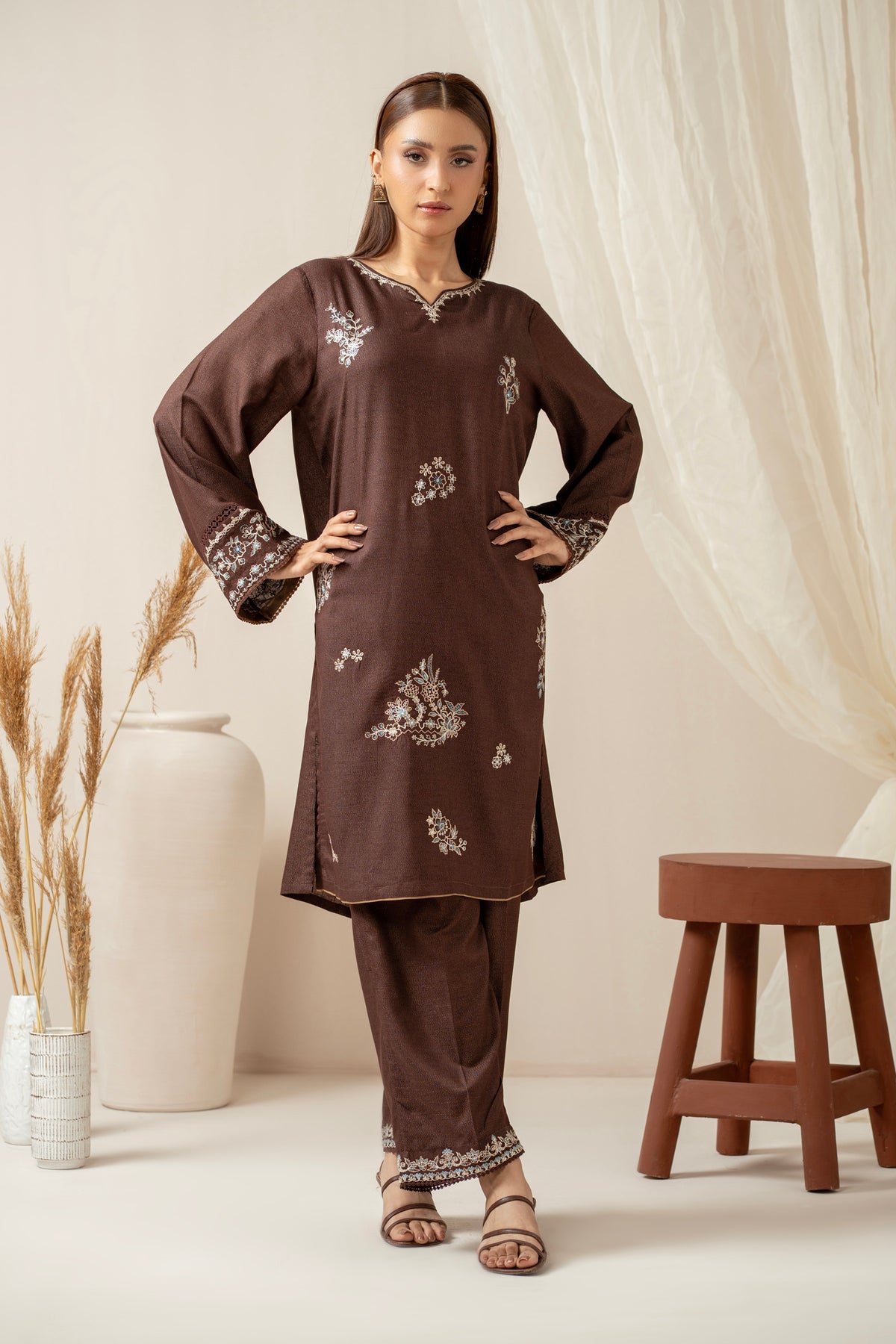 EMBROIDERED COTTON VISCOSE KARANDI STITCHED 2 PIECE SUIT