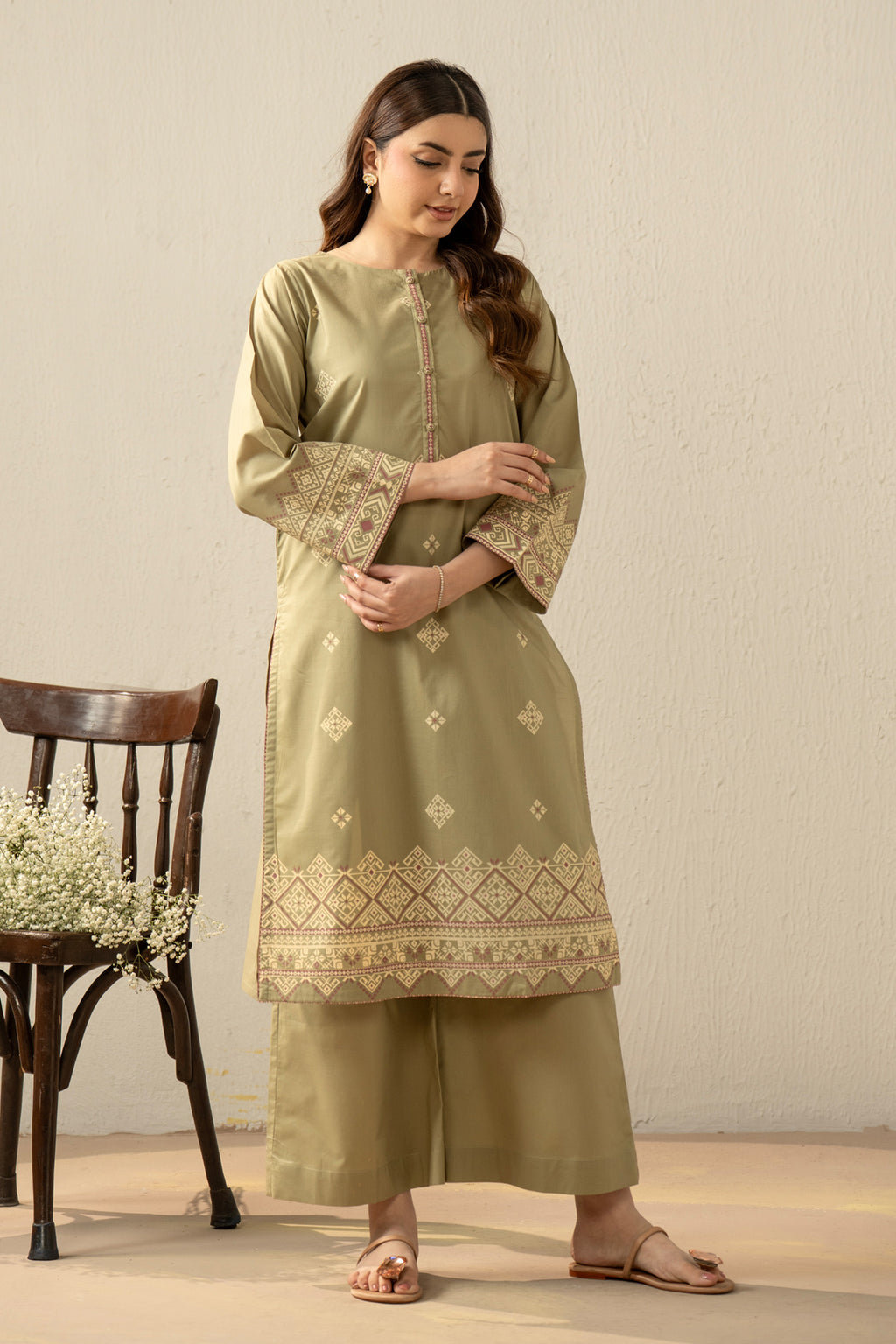 PRINTED SLUB LAWN STITCHED 2 PIECE SUIT