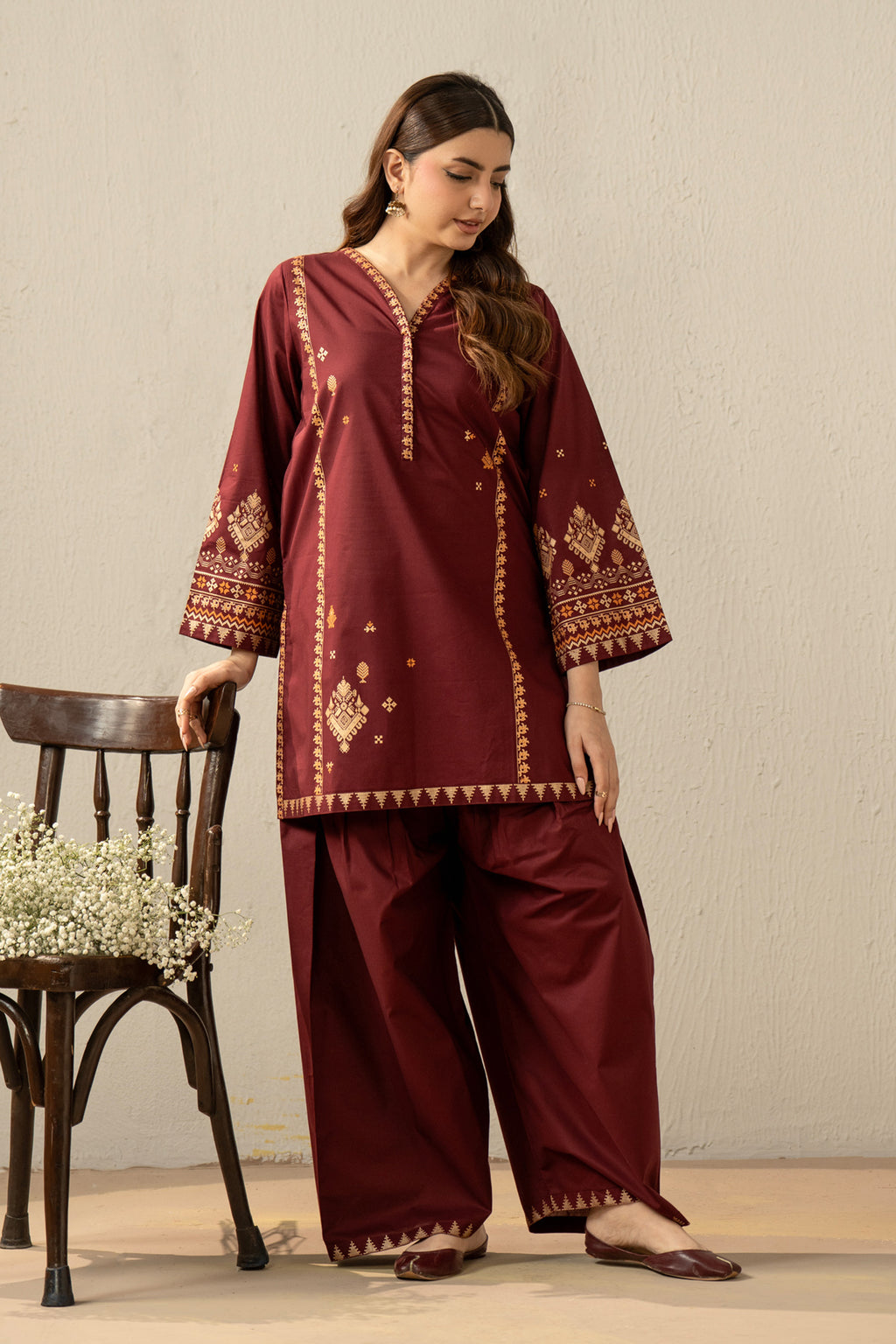 PRINTED SLUB LAWN STITCHED 2 PIECE SUIT