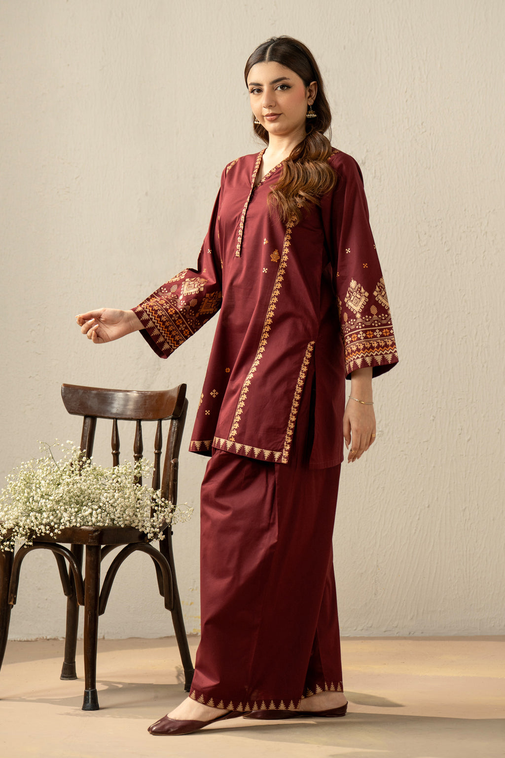 PRINTED SLUB LAWN STITCHED 2 PIECE SUIT