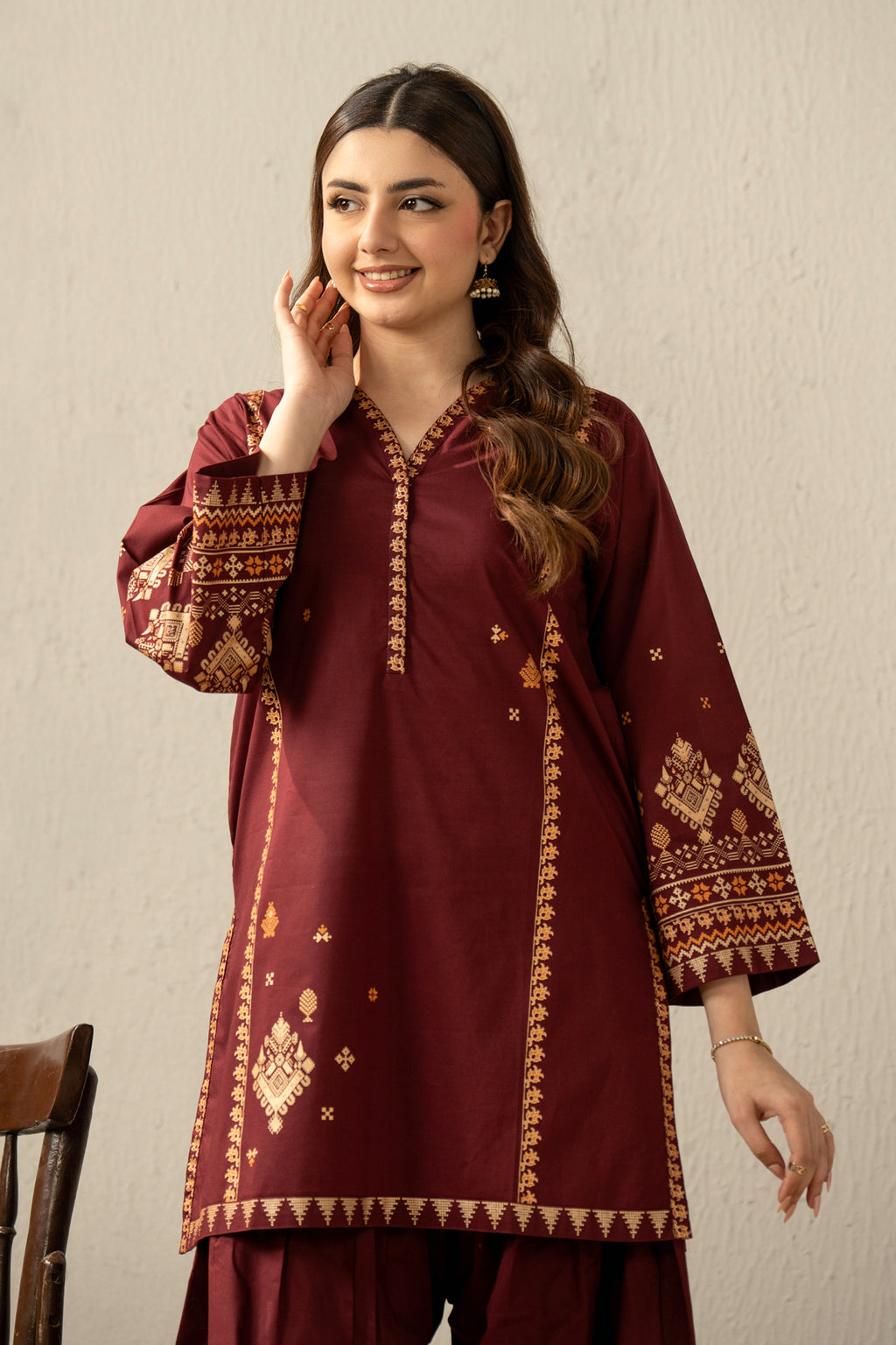 PRINTED SLUB LAWN STITCHED 2 PIECE SUIT