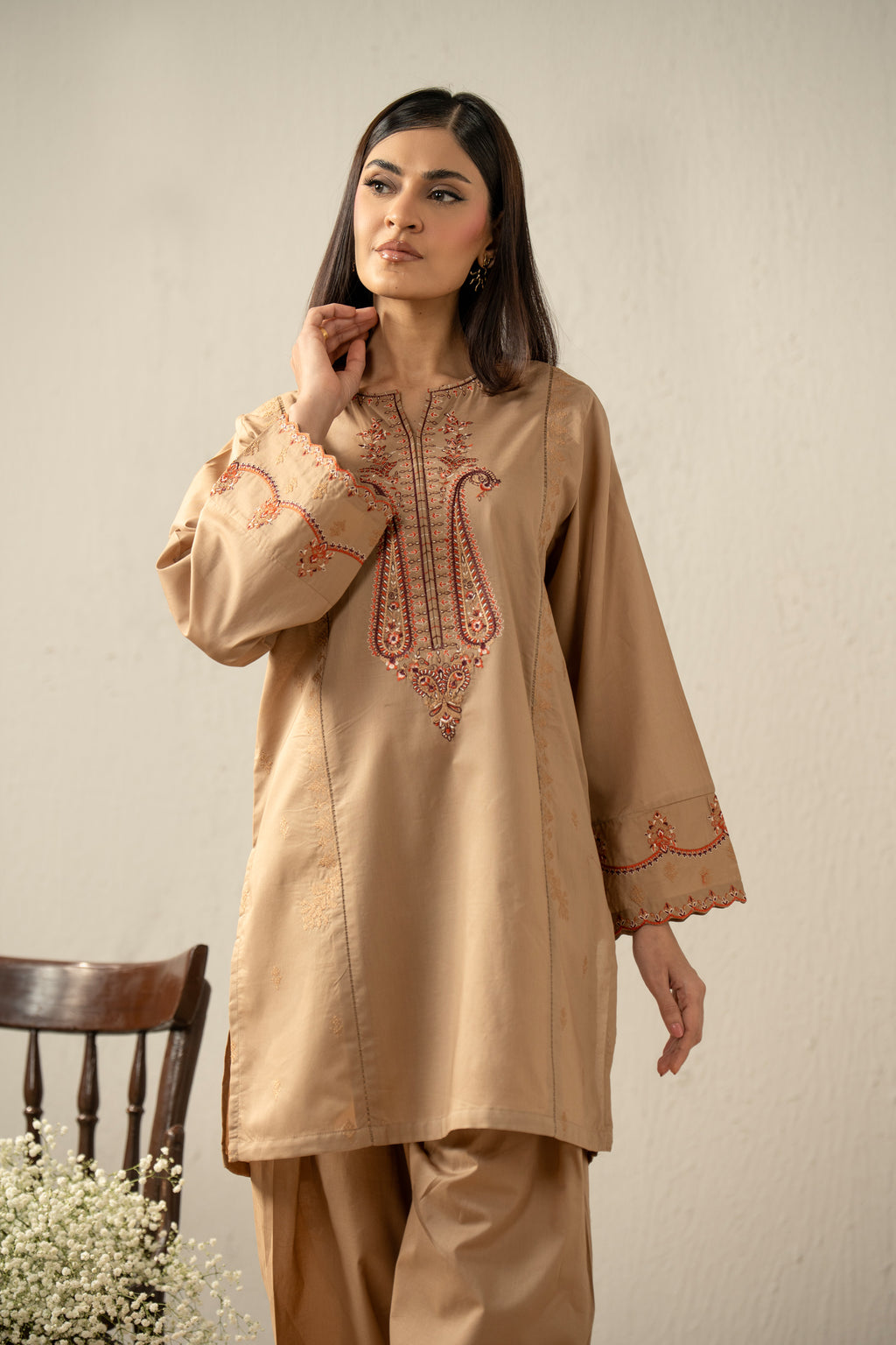 EMBROIDERED CAMBRIC STITCHED 2 PIECE SUIT