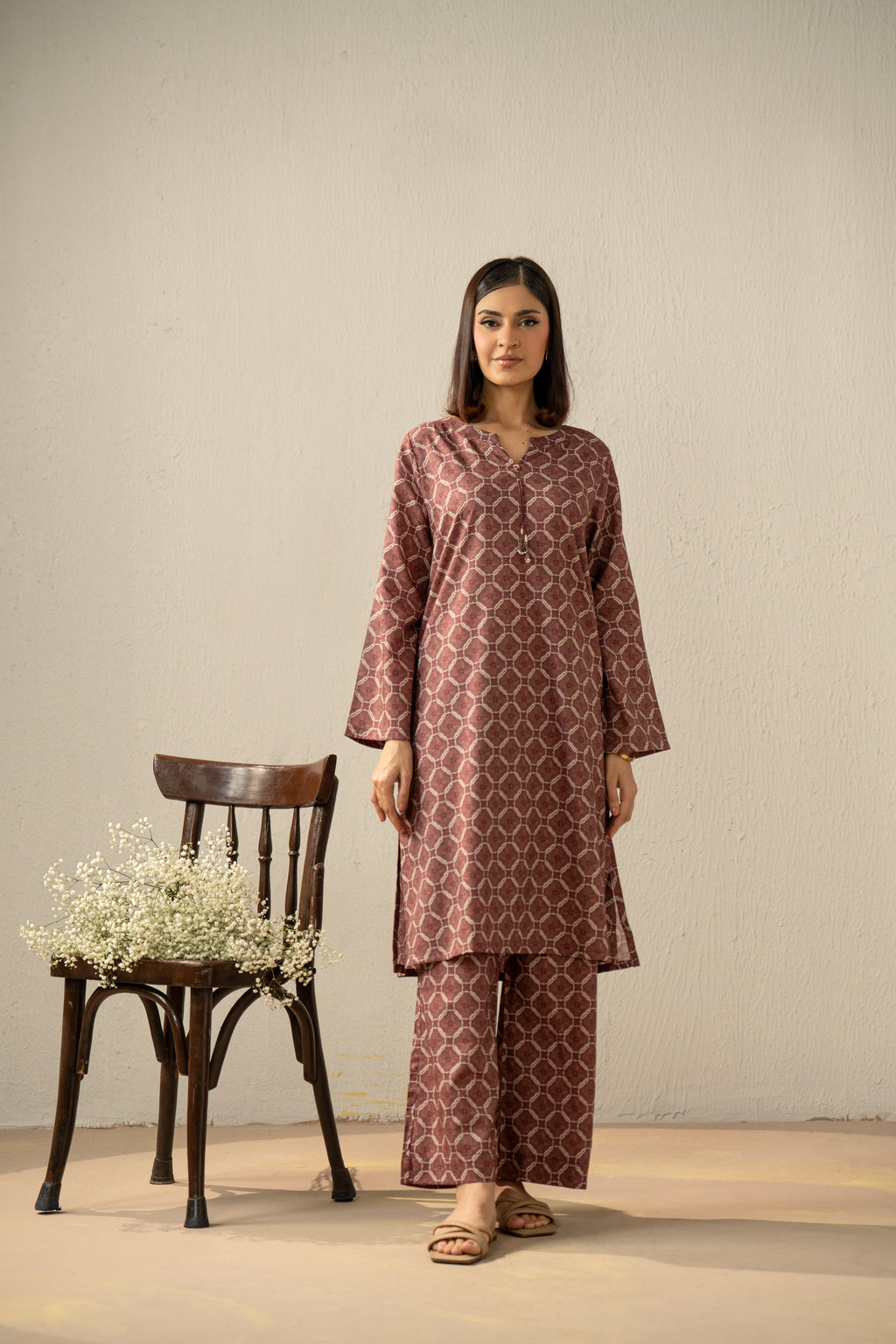 PRINTED COTTON LINEN VISCOSE STITCHED 2 PIECE SUIT