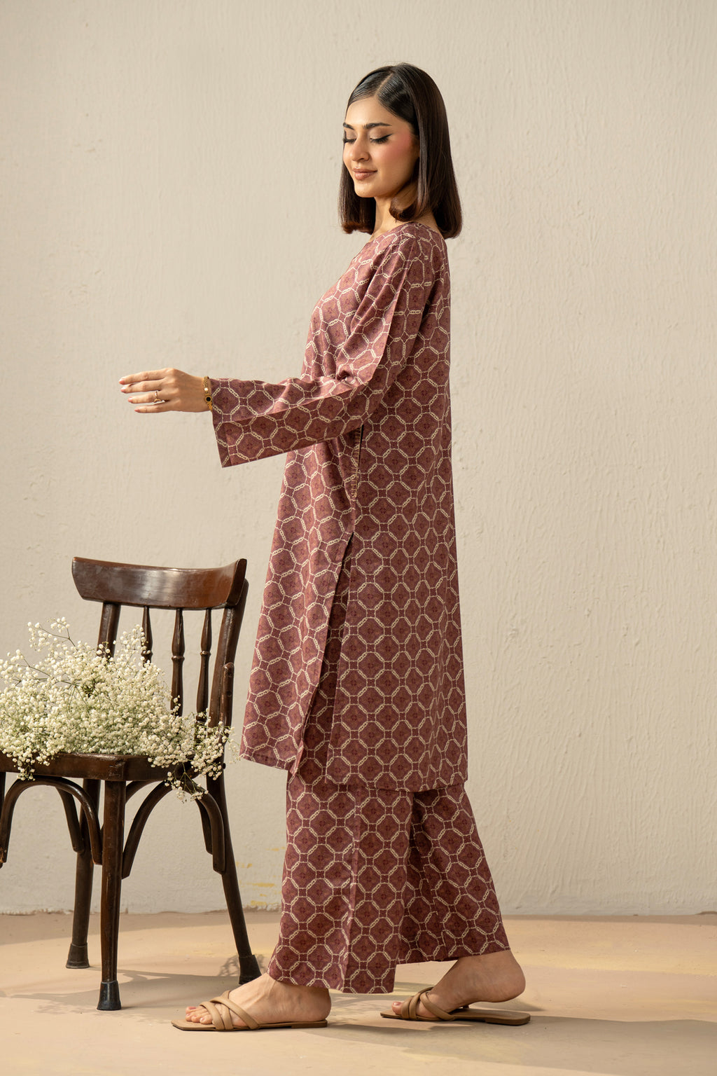 PRINTED COTTON LINEN VISCOSE STITCHED 2 PIECE SUIT