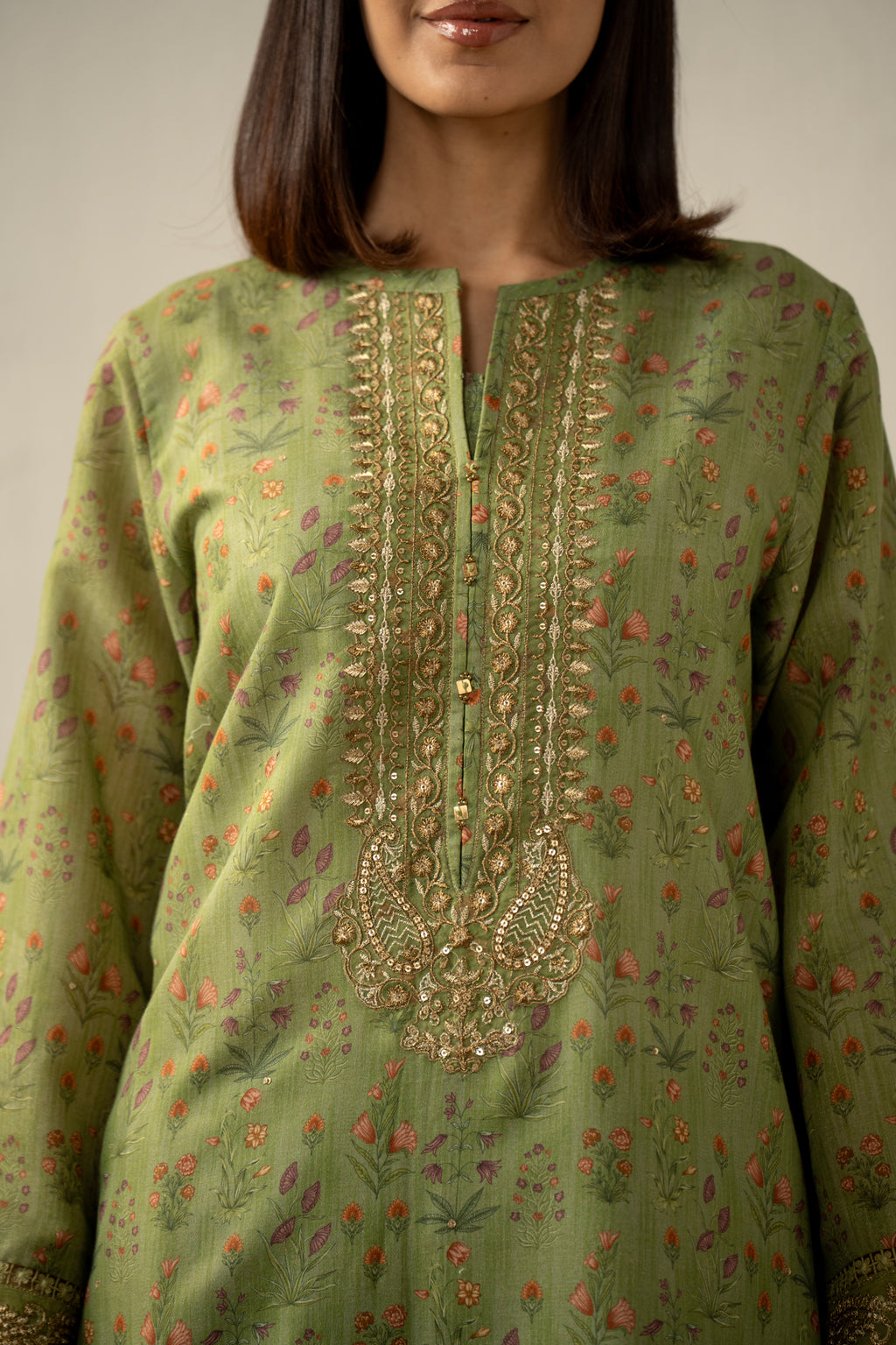 PRINTED EMBROIDERED RAW SILK STITCHED 2 PIECE SUIT