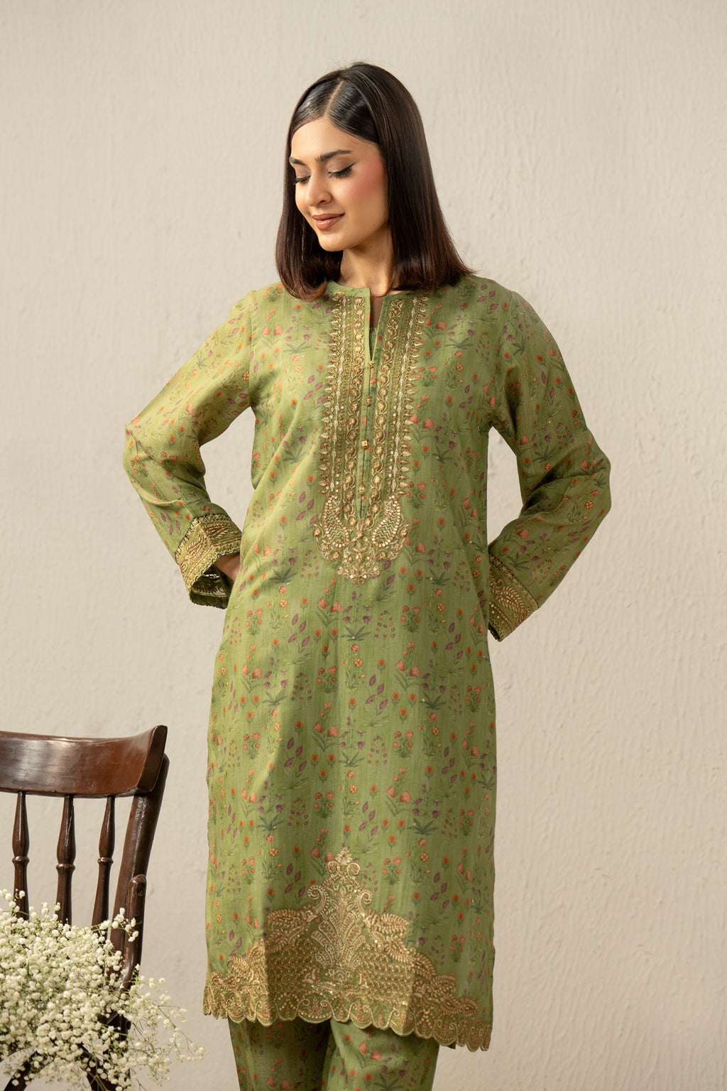 PRINTED EMBROIDERED RAW SILK STITCHED 2 PIECE SUIT