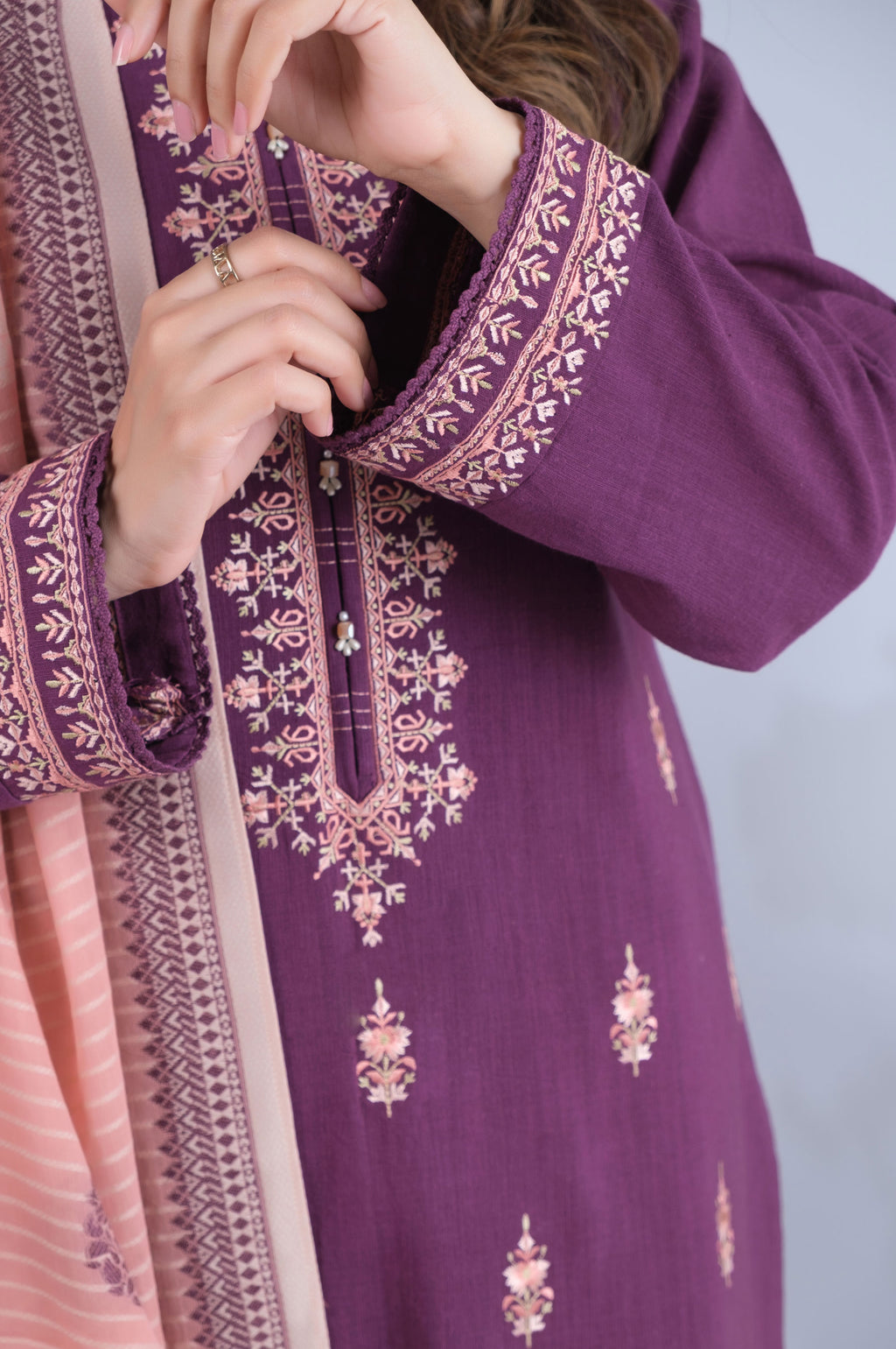 Stitched 3 Piece Embroidered Textured Slub Lawn
