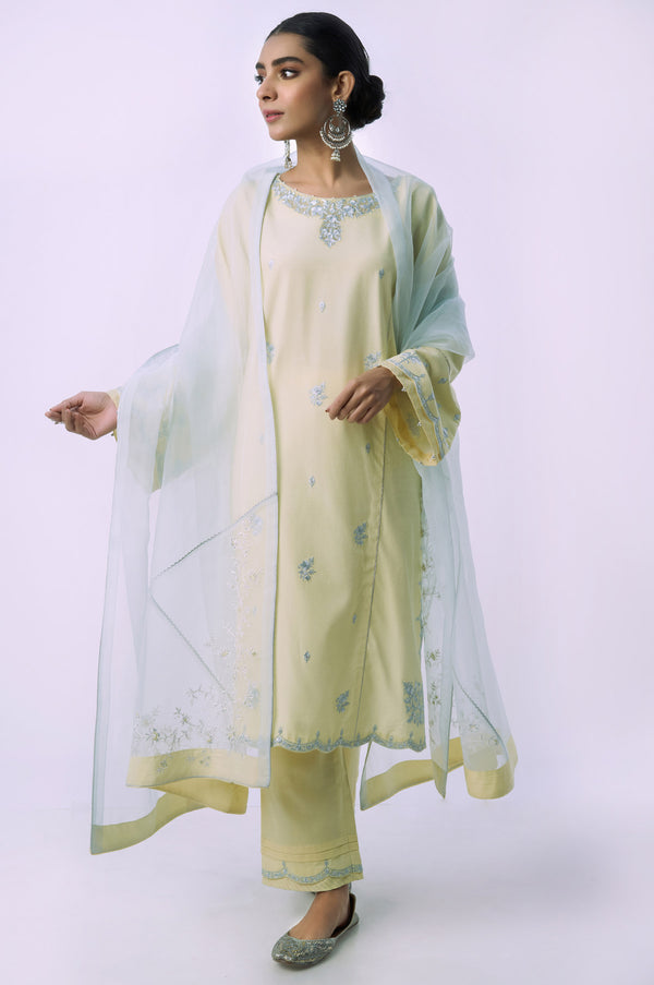 Stitched 3 Piece Embroidered Raw Silk Suit