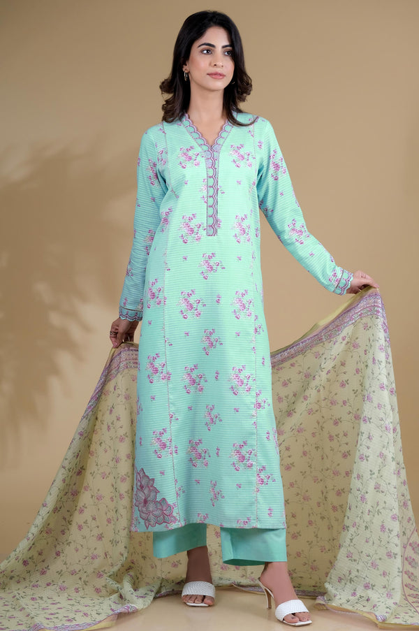 Stitched 3 Piece Printed Dobby Lawn Suit